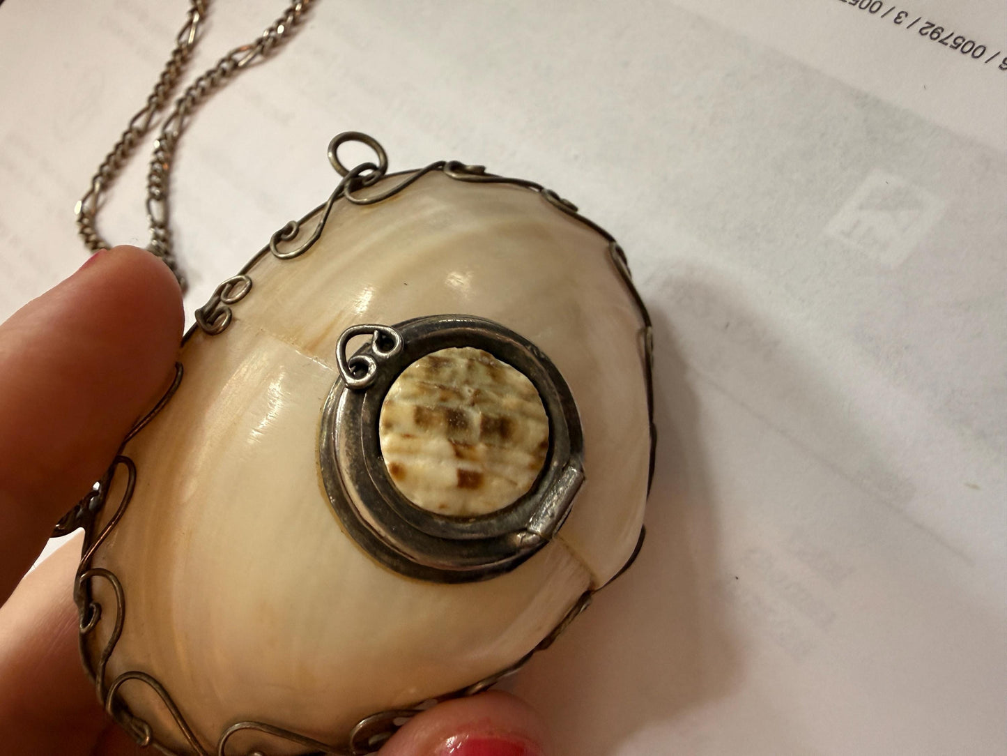 Antique Mother of Pearl Shell Scent Flask Necklace, Silver Tone Wirework Chatelaine Pendant, Victorian Curiosity
