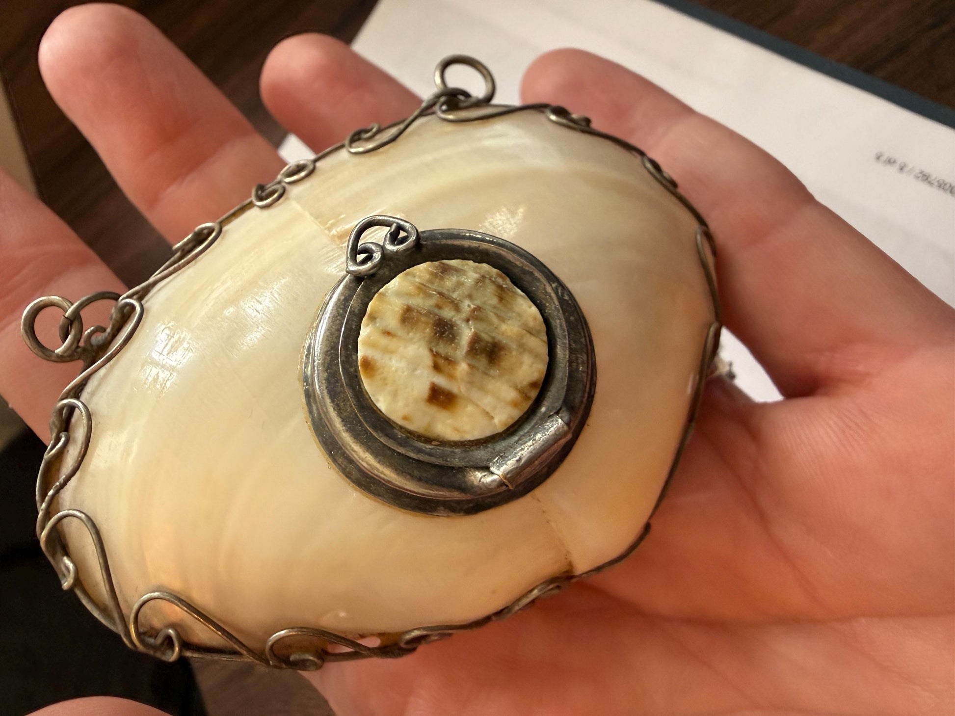 Antique Mother of Pearl Shell Scent Flask Necklace, Silver Tone Wirework Chatelaine Pendant, Victorian Curiosity
