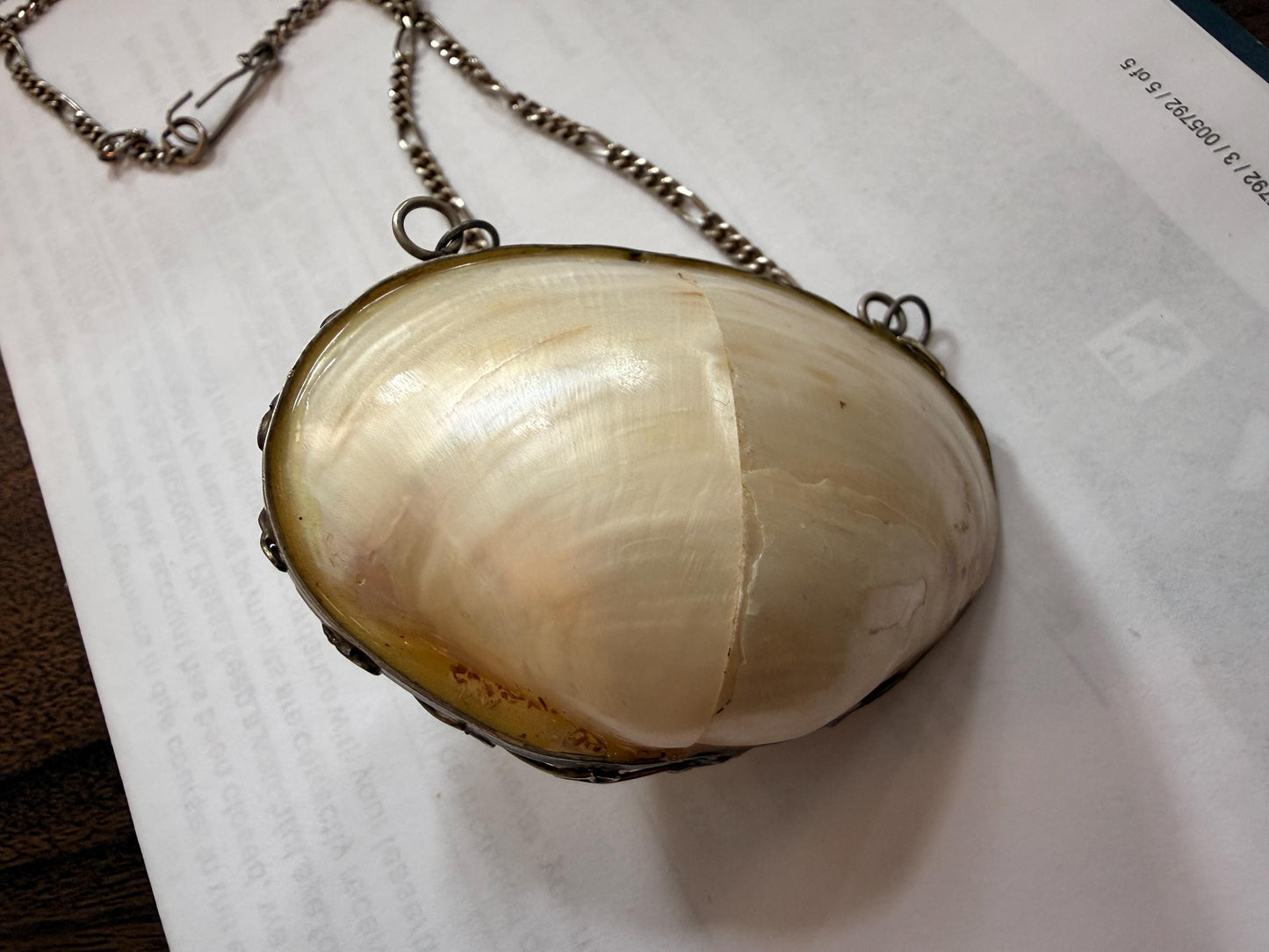 Antique Mother of Pearl Shell Scent Flask Necklace, Silver Tone Wirework Chatelaine Pendant, Victorian Curiosity
