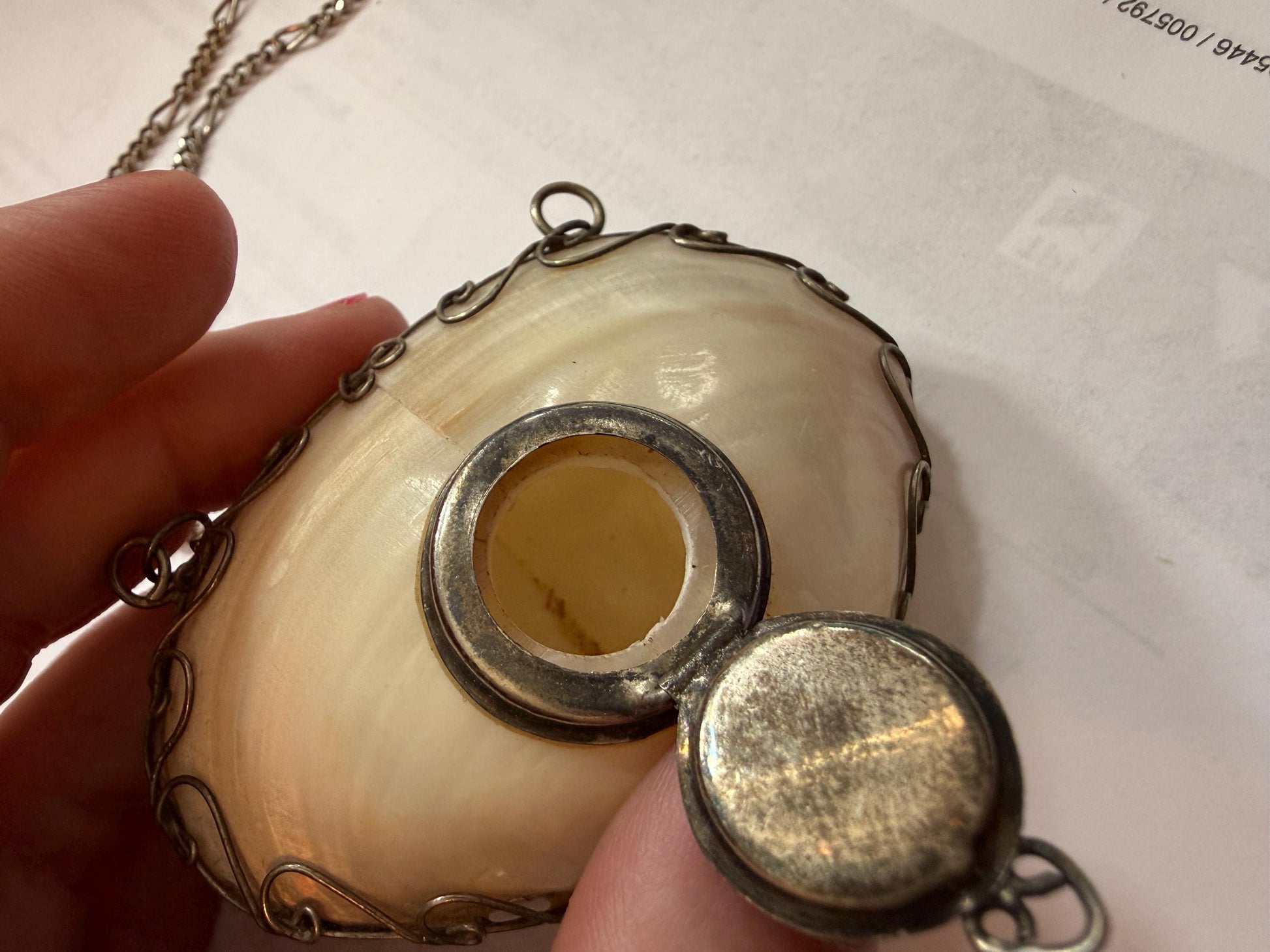 Antique Mother of Pearl Shell Scent Flask Necklace, Silver Tone Wirework Chatelaine Pendant, Victorian Curiosity