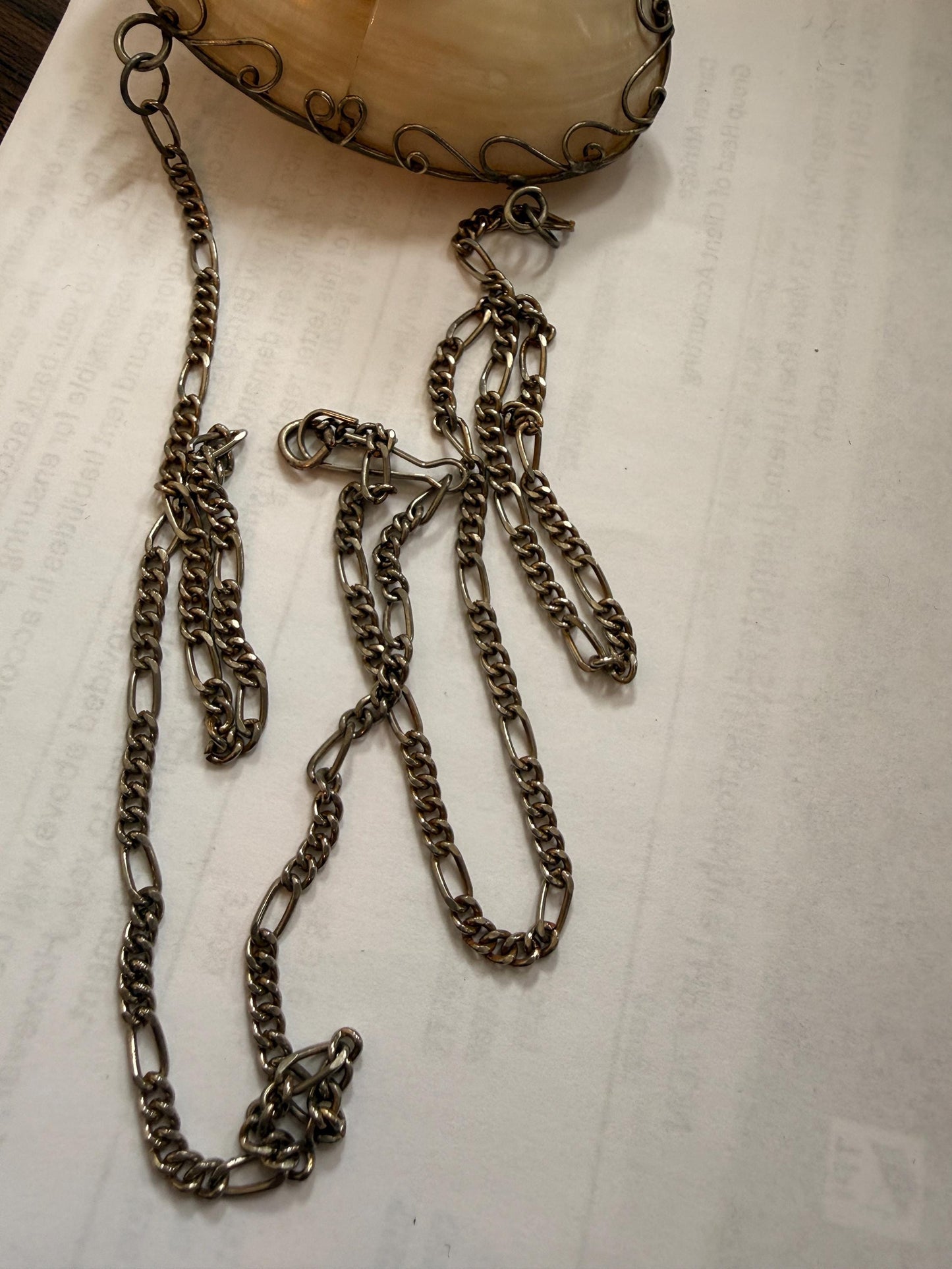 Antique Mother of Pearl Shell Scent Flask Necklace, Silver Tone Wirework Chatelaine Pendant, Victorian Curiosity