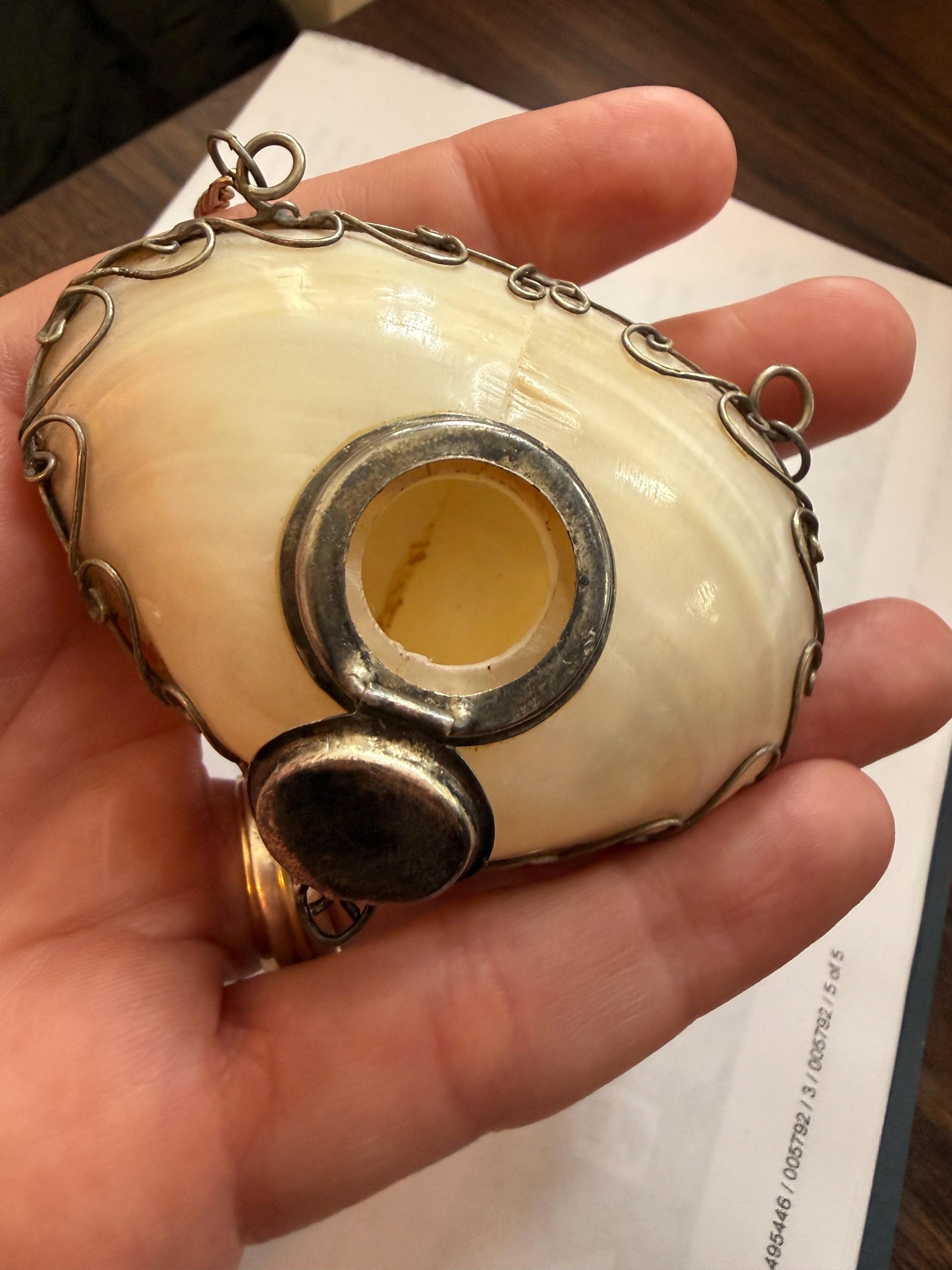 Antique Mother of Pearl Shell Scent Flask Necklace, Silver Tone Wirework Chatelaine Pendant, Victorian Curiosity