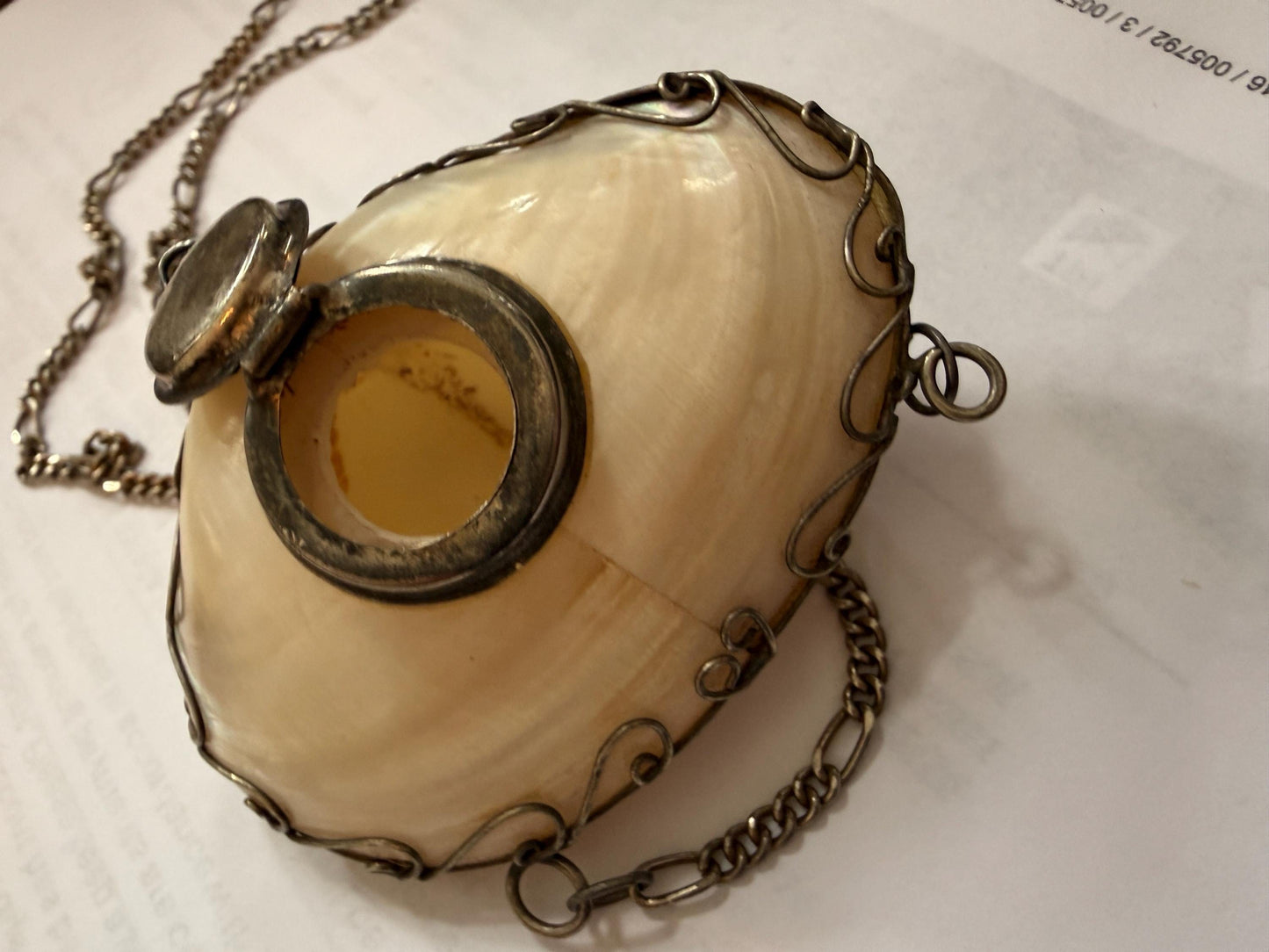 Antique Mother of Pearl Shell Scent Flask Necklace, Silver Tone Wirework Chatelaine Pendant, Victorian Curiosity