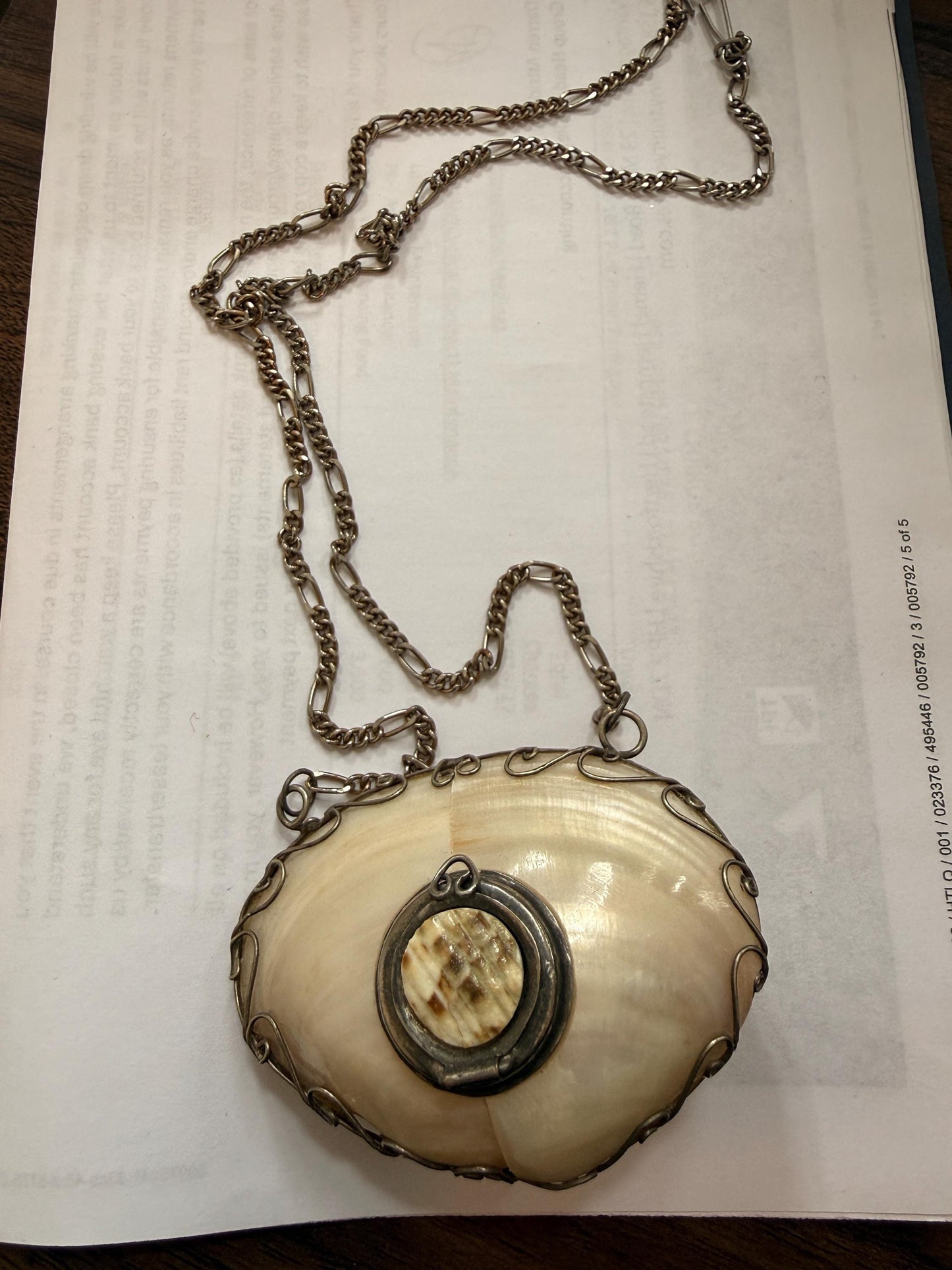 Antique Mother of Pearl Shell Scent Flask Necklace, Silver Tone Wirework Chatelaine Pendant, Victorian Curiosity