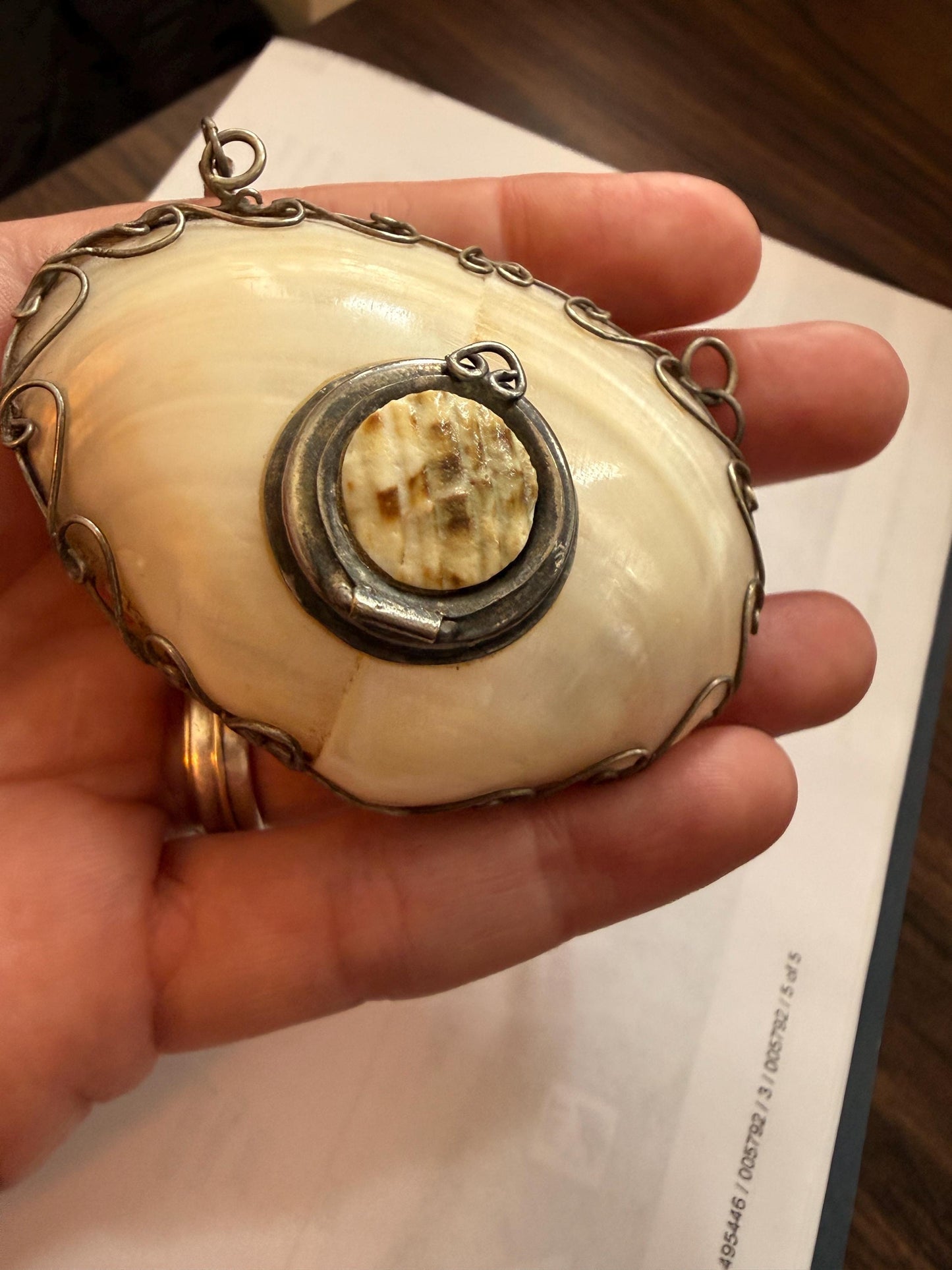 Antique Mother of Pearl Shell Scent Flask Necklace, Silver Tone Wirework Chatelaine Pendant, Victorian Curiosity