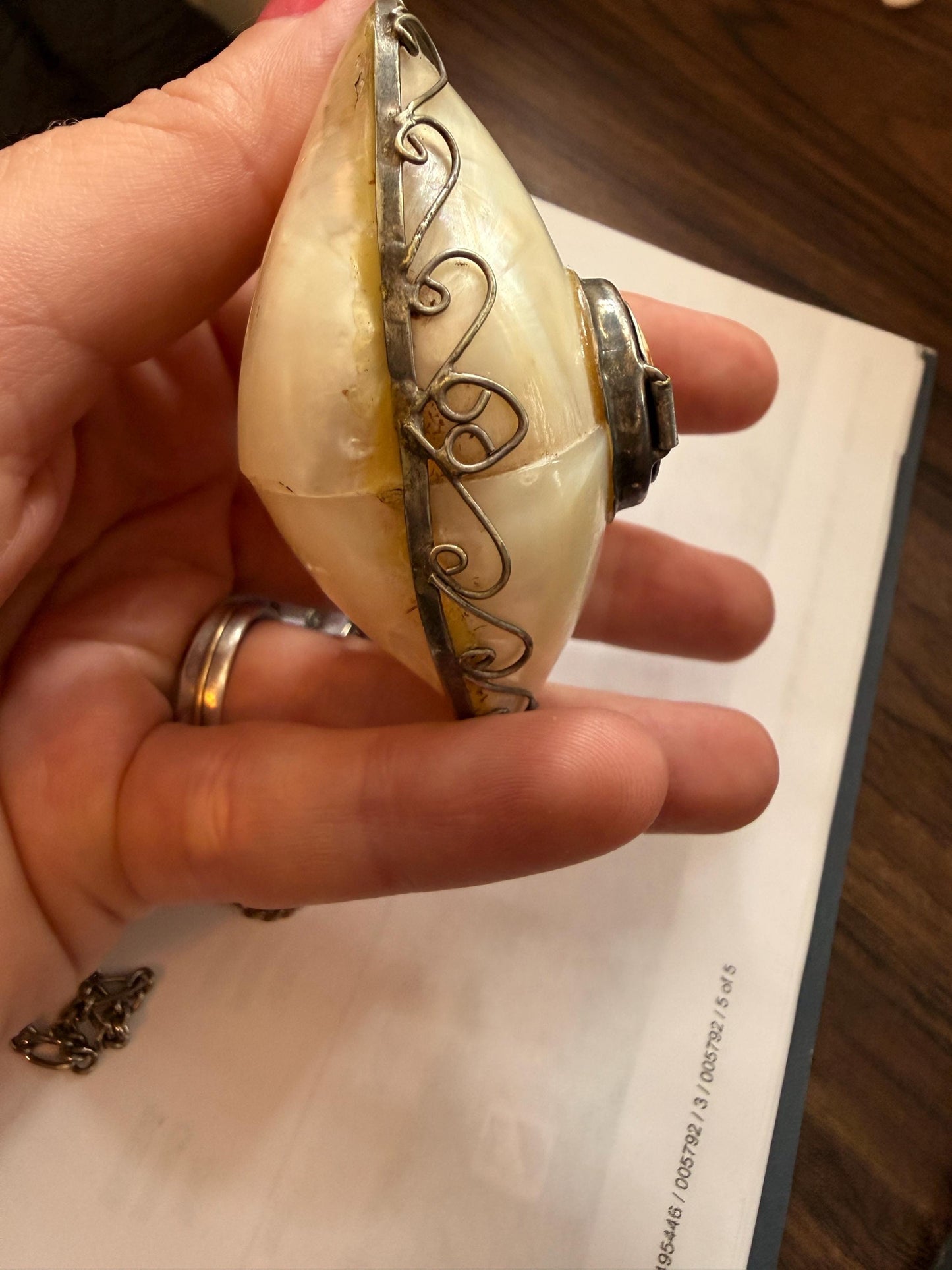 Antique Mother of Pearl Shell Scent Flask Necklace, Silver Tone Wirework Chatelaine Pendant, Victorian Curiosity