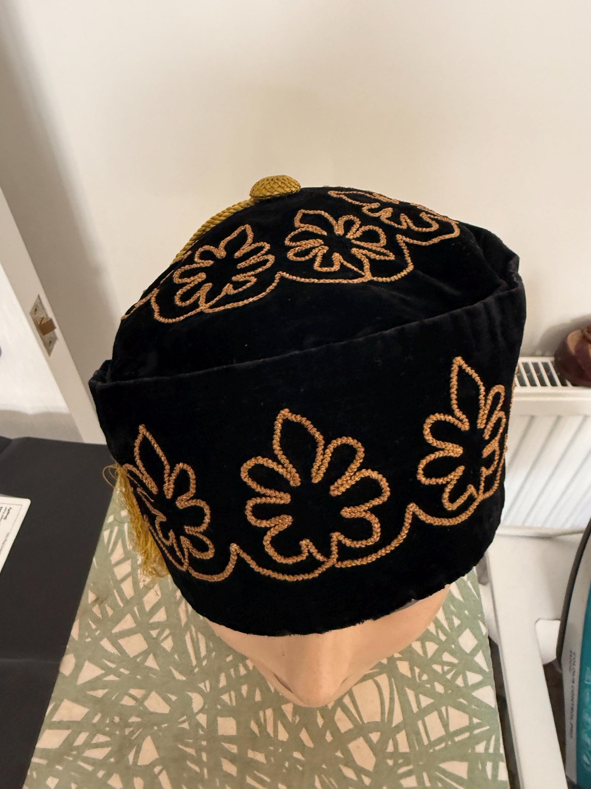 Antique Victorian Edwardian Smoking Cap, Black Velvet Gold Embroidered Mens Tassel Hat, c1890s 1900s