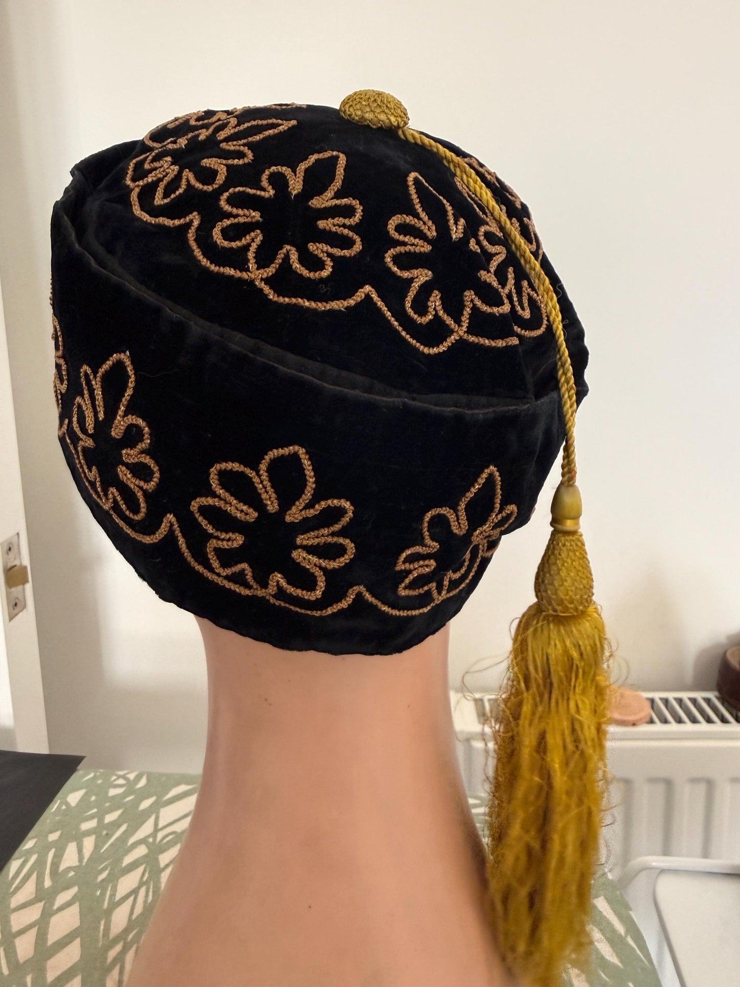 Antique Victorian Edwardian Smoking Cap, Black Velvet Gold Embroidered Mens Tassel Hat, c1890s 1900s