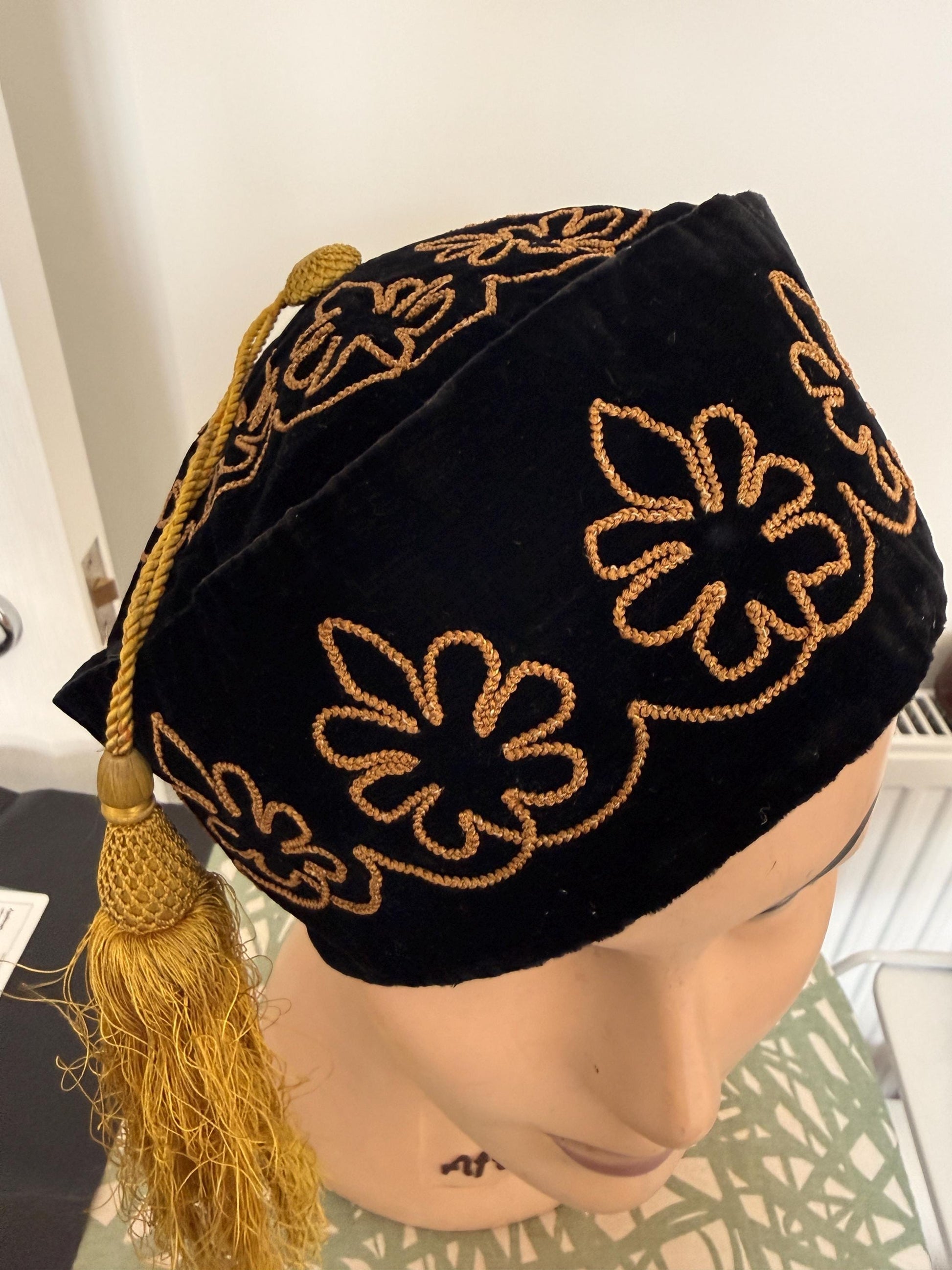 Antique Victorian Edwardian Smoking Cap, Black Velvet Gold Embroidered Mens Tassel Hat, c1890s 1900s