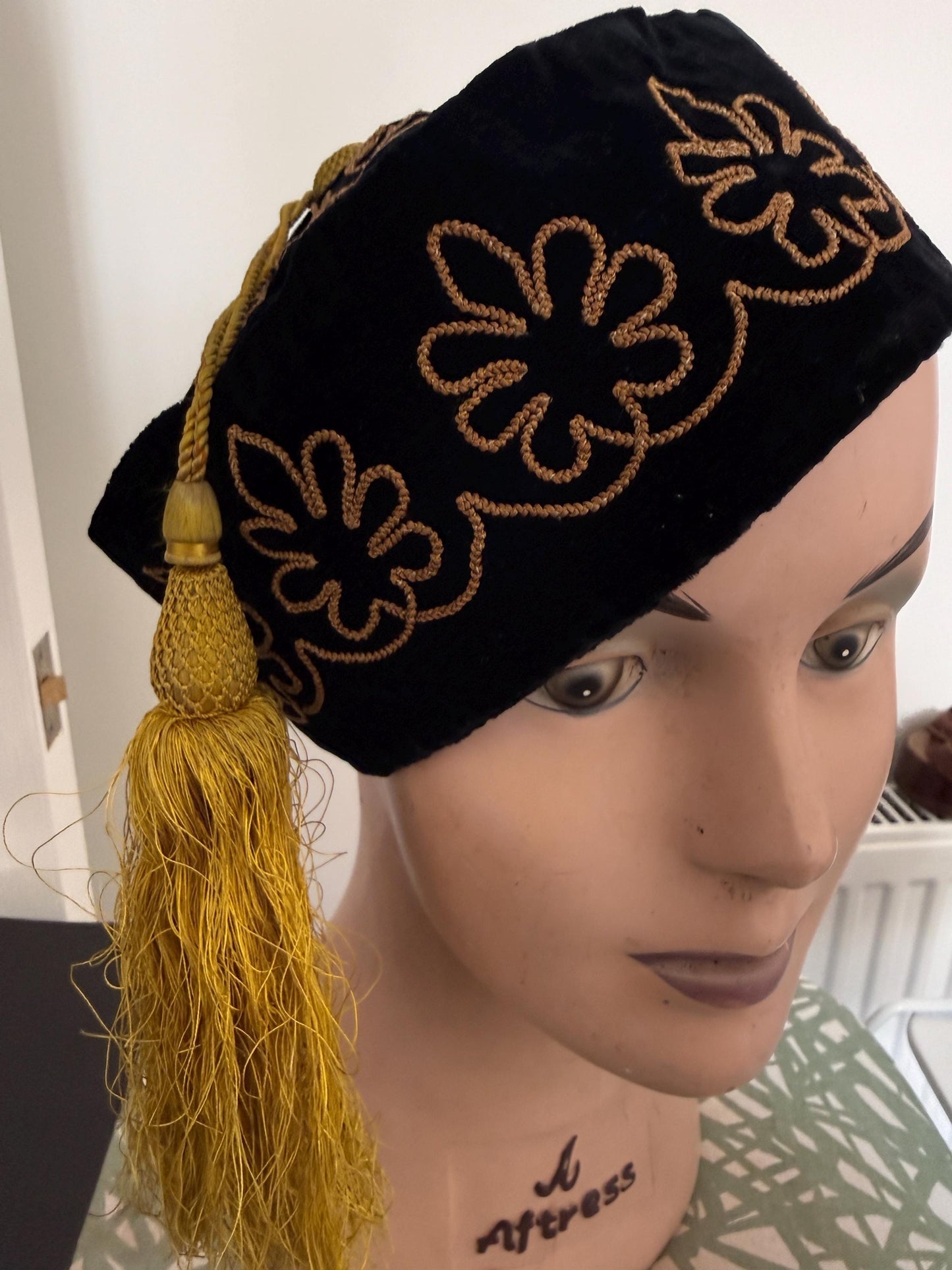Antique Victorian Edwardian Smoking Cap, Black Velvet Gold Embroidered Mens Tassel Hat, c1890s 1900s