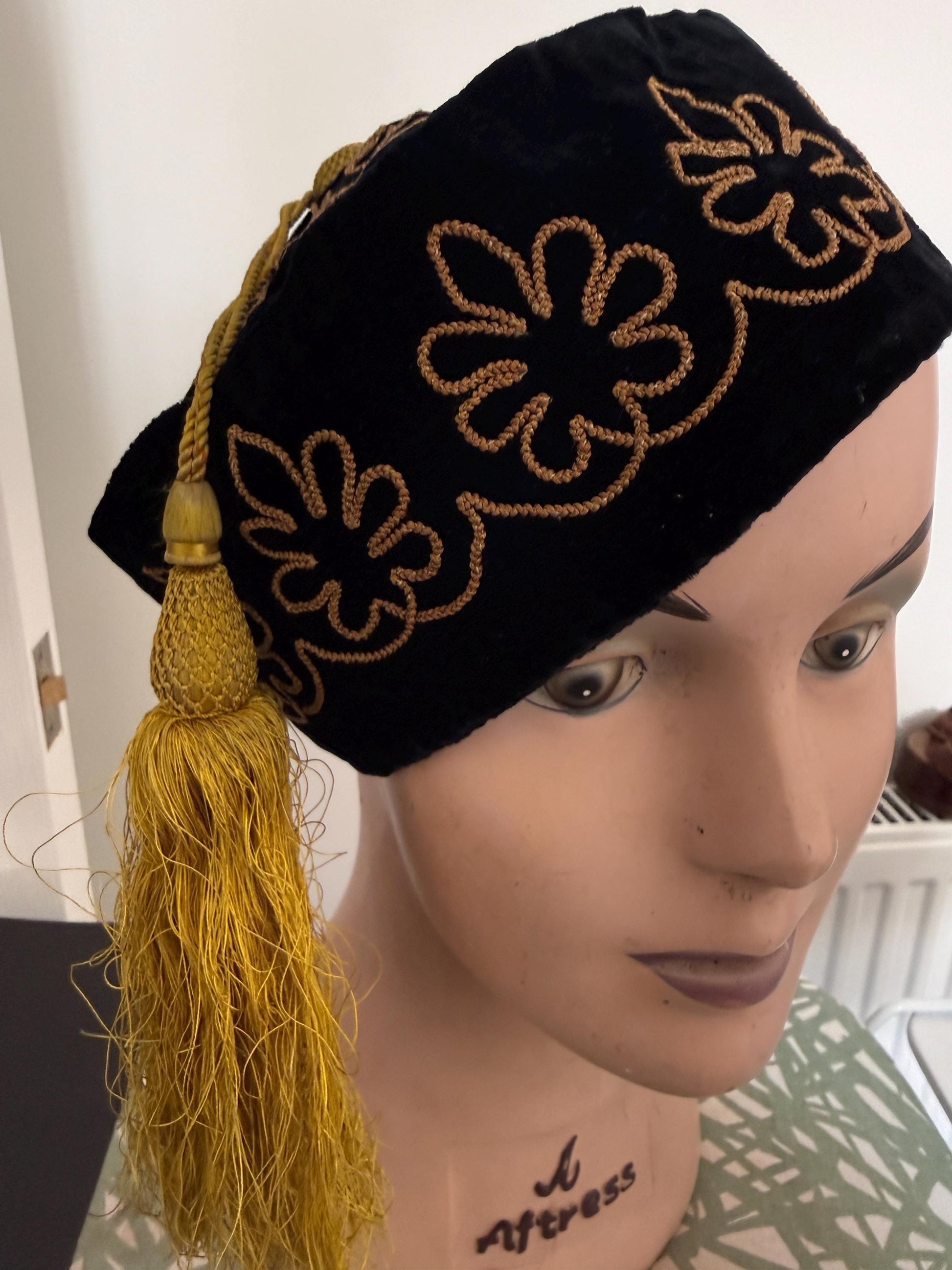 Antique Victorian Edwardian Smoking Cap, Black Velvet Gold Embroidered Mens Tassel Hat, c1890s 1900s