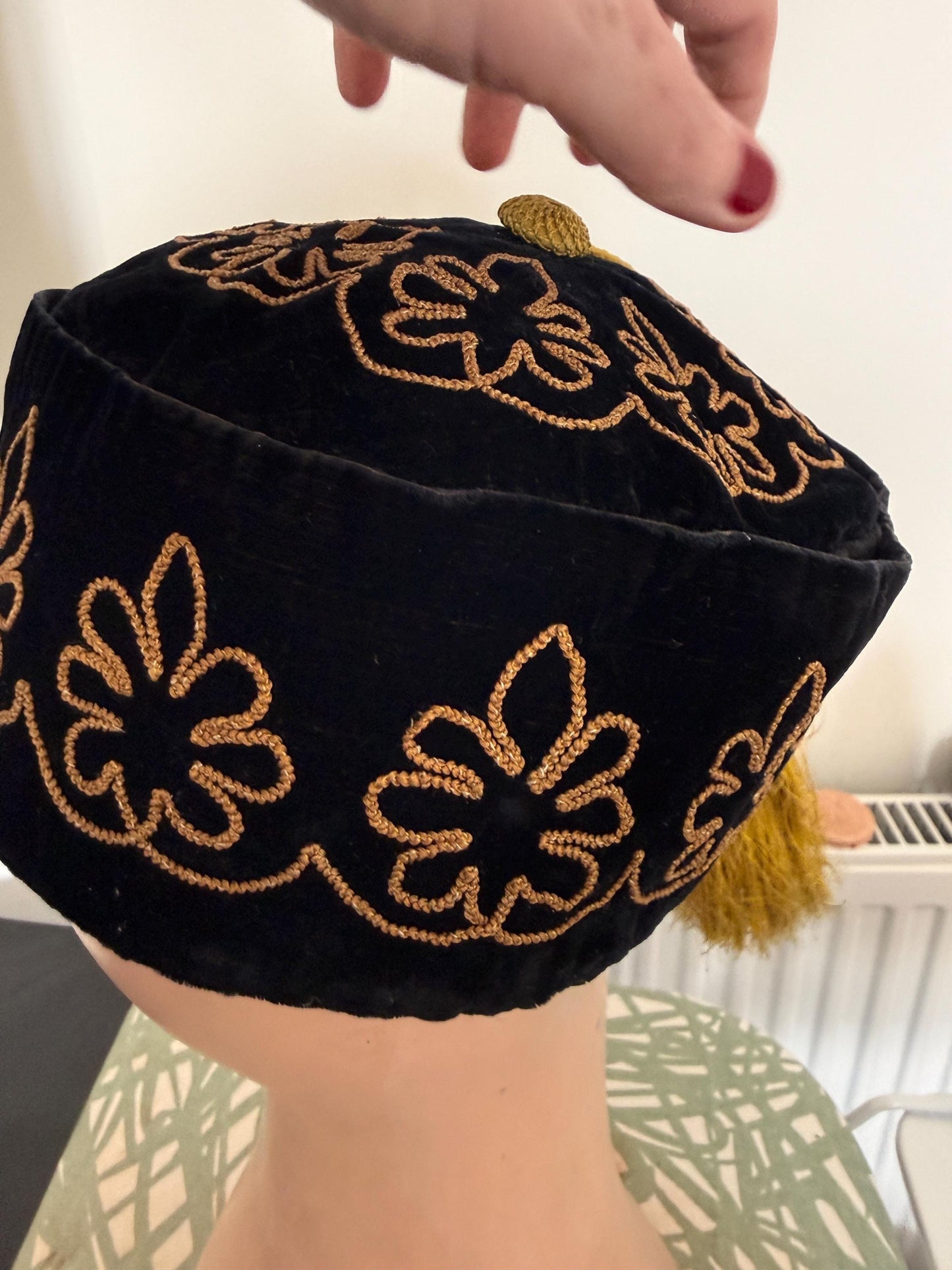 Antique Victorian Edwardian Smoking Cap, Black Velvet Gold Embroidered Mens Tassel Hat, c1890s 1900s