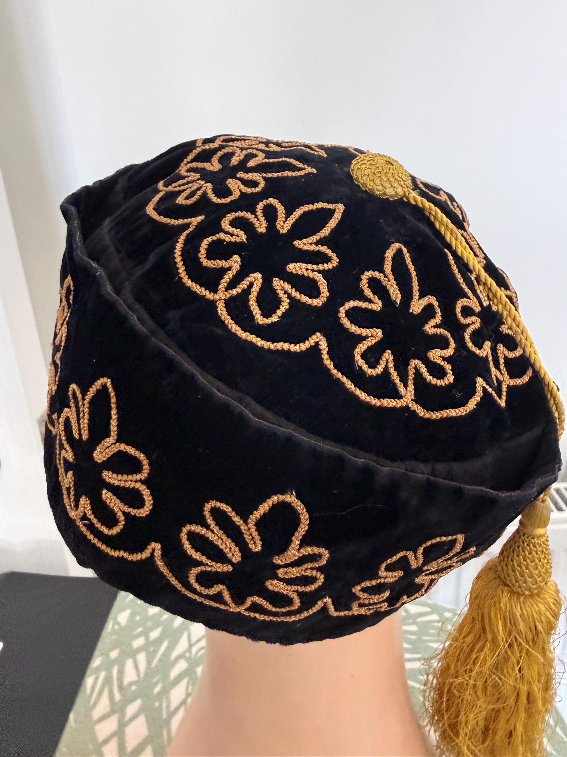 Antique Victorian Edwardian Smoking Cap, Black Velvet Gold Embroidered Mens Tassel Hat, c1890s 1900s