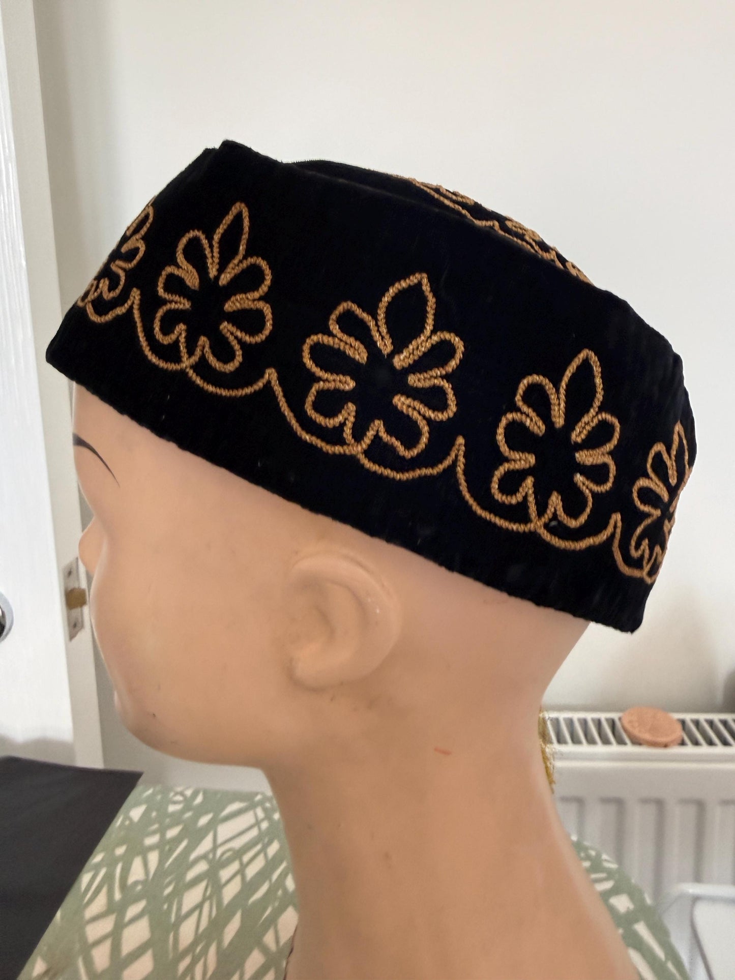 Antique Victorian Edwardian Smoking Cap, Black Velvet Gold Embroidered Mens Tassel Hat, c1890s 1900s