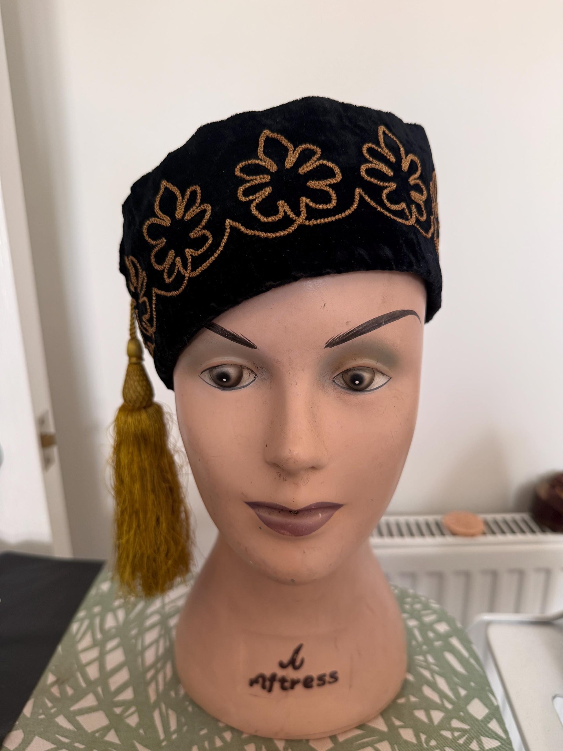 Antique Victorian Edwardian Smoking Cap, Black Velvet Gold Embroidered Mens Tassel Hat, c1890s 1900s