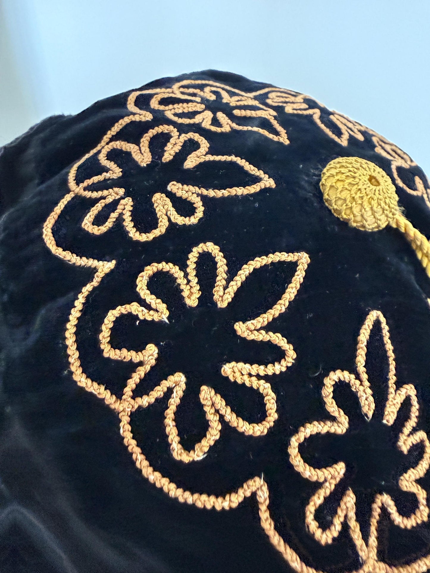 Antique Victorian Edwardian Smoking Cap, Black Velvet Gold Embroidered Mens Tassel Hat, c1890s 1900s