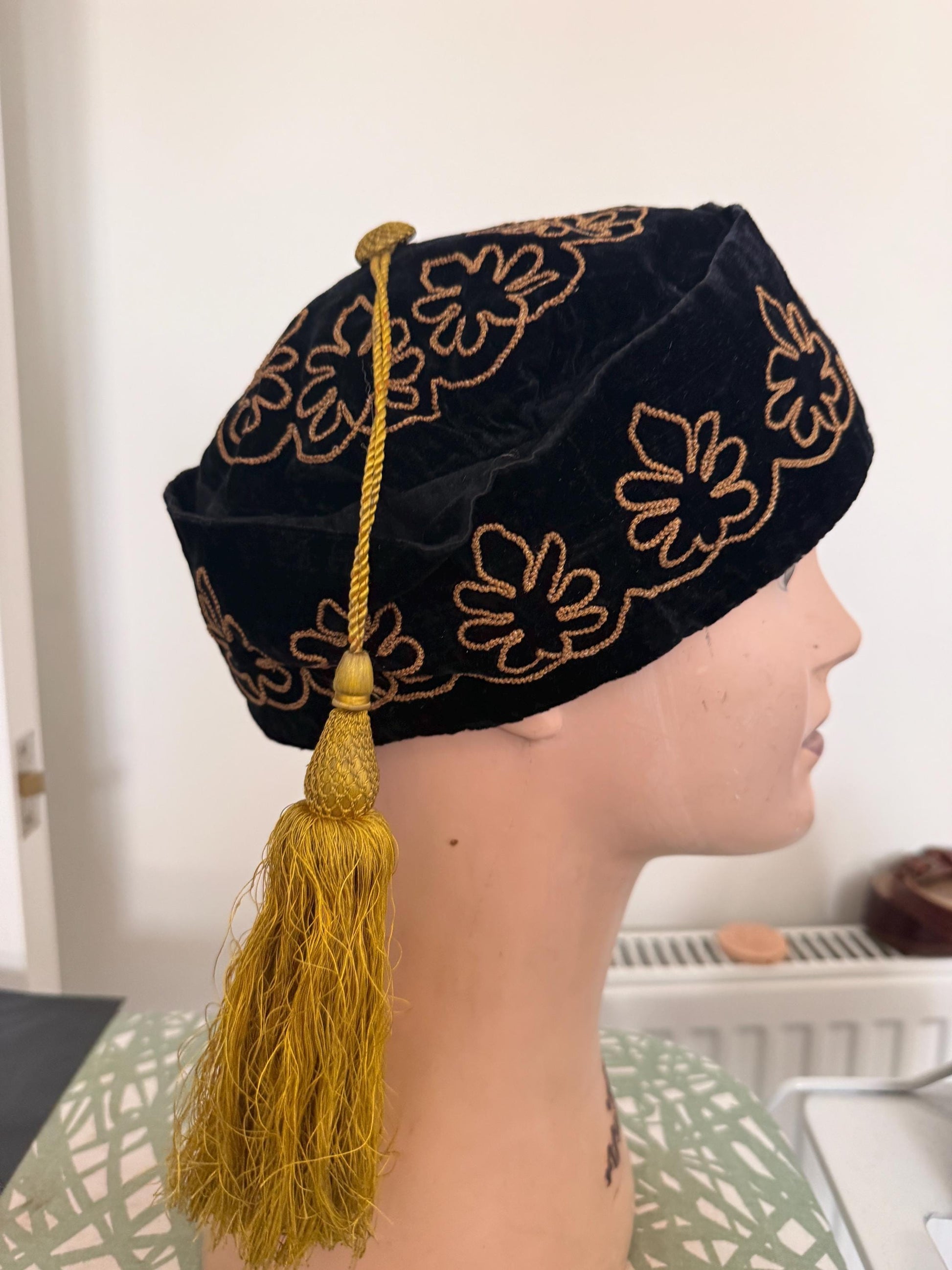 Antique Victorian Edwardian Smoking Cap, Black Velvet Gold Embroidered Mens Tassel Hat, c1890s 1900s