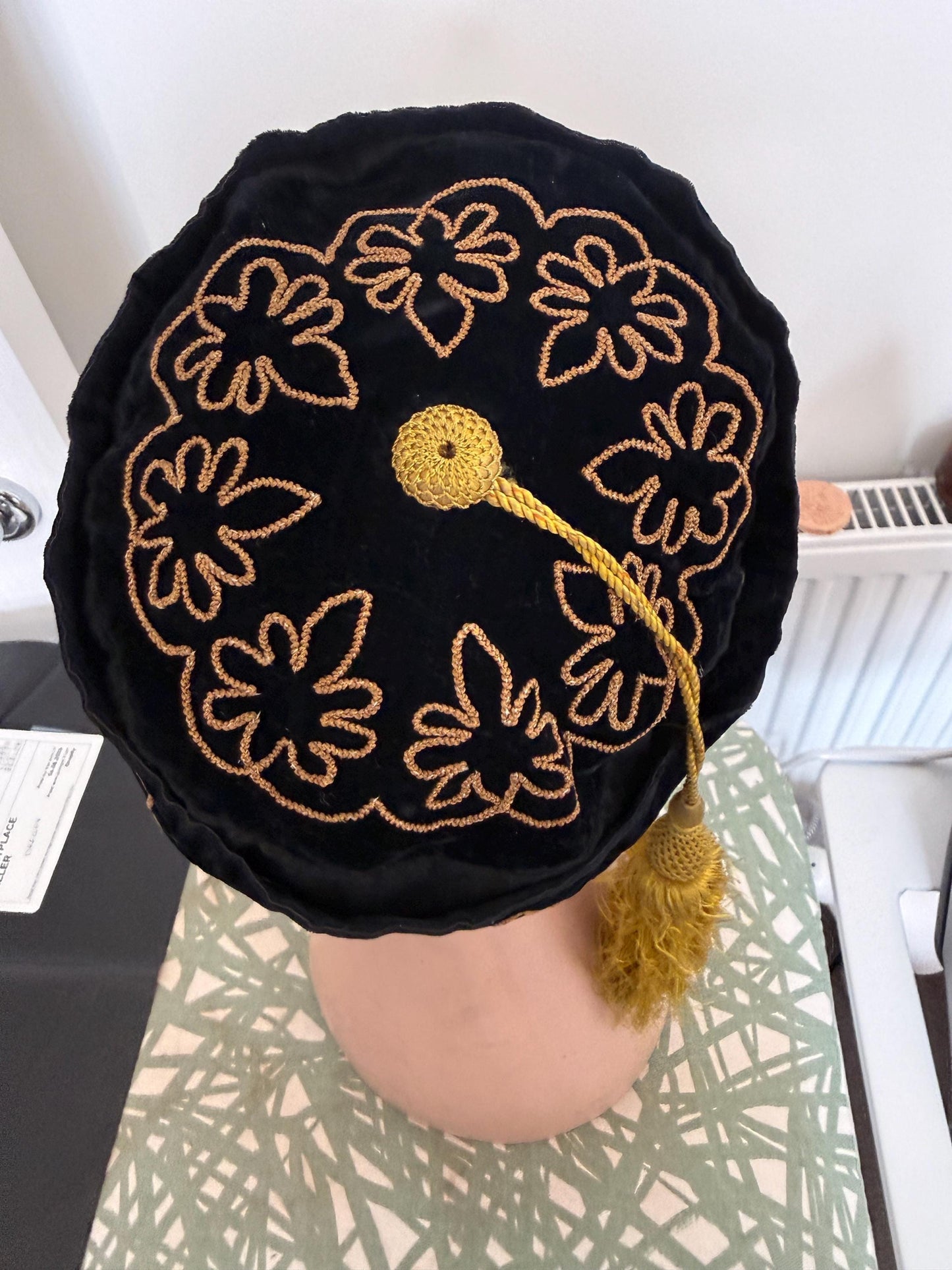 Antique Victorian Edwardian Smoking Cap, Black Velvet Gold Embroidered Mens Tassel Hat, c1890s 1900s