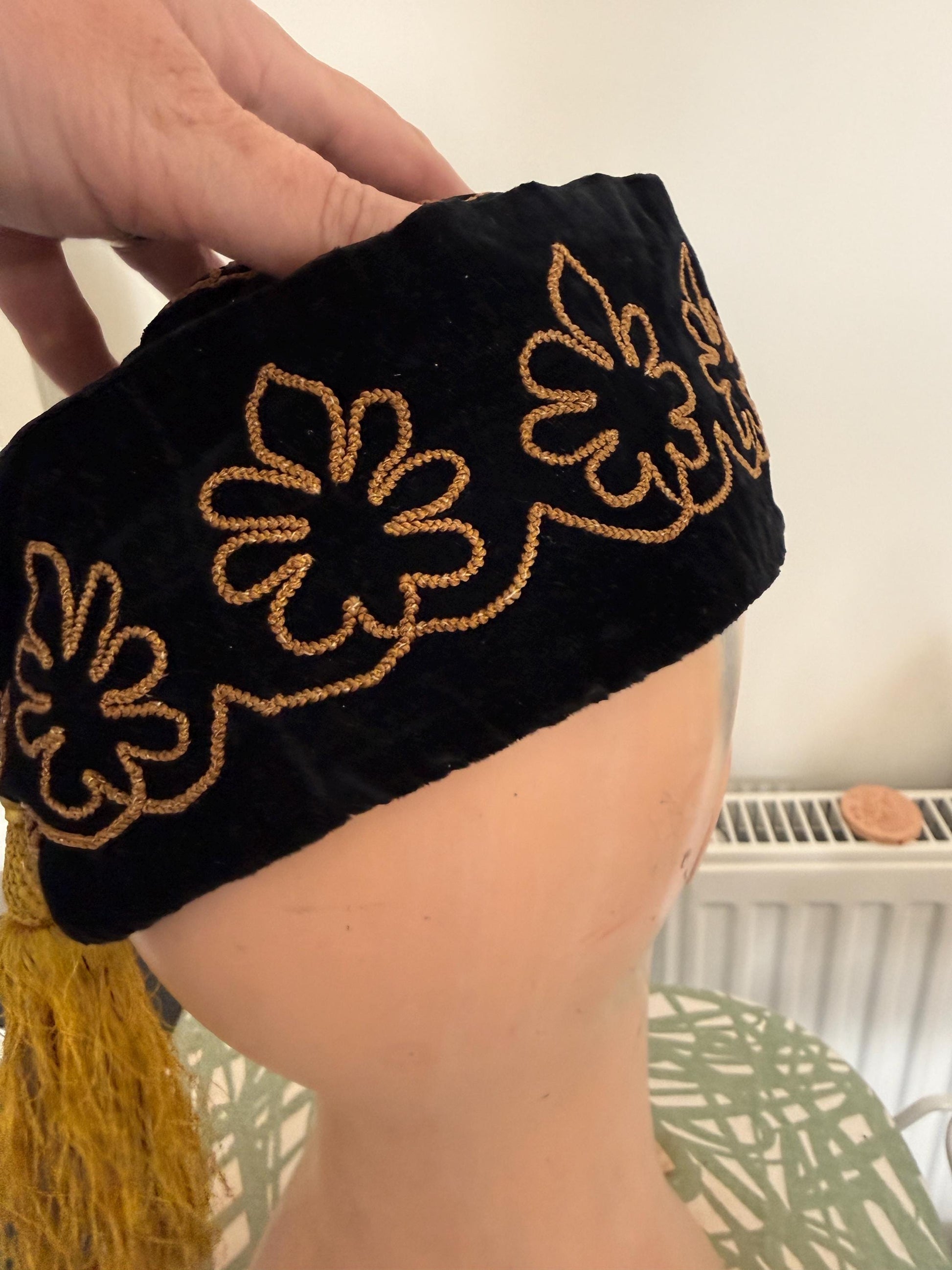 Antique Victorian Edwardian Smoking Cap, Black Velvet Gold Embroidered Mens Tassel Hat, c1890s 1900s