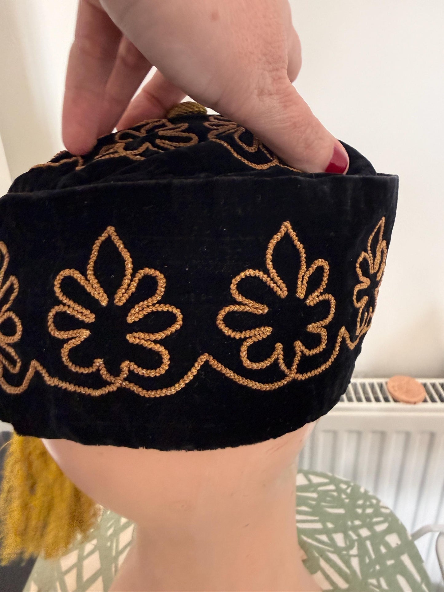 Antique Victorian Edwardian Smoking Cap, Black Velvet Gold Embroidered Mens Tassel Hat, c1890s 1900s