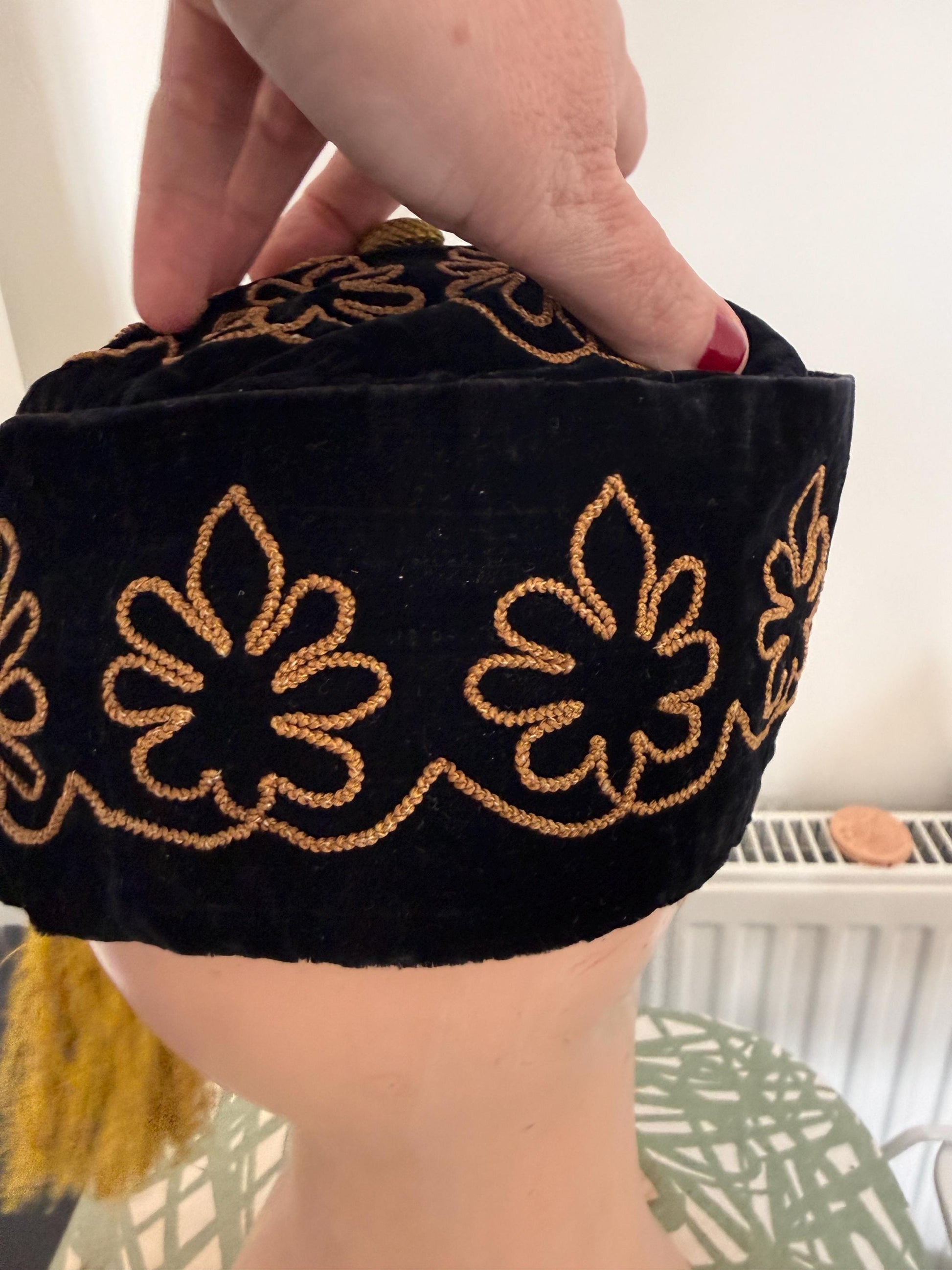 Antique Victorian Edwardian Smoking Cap, Black Velvet Gold Embroidered Mens Tassel Hat, c1890s 1900s