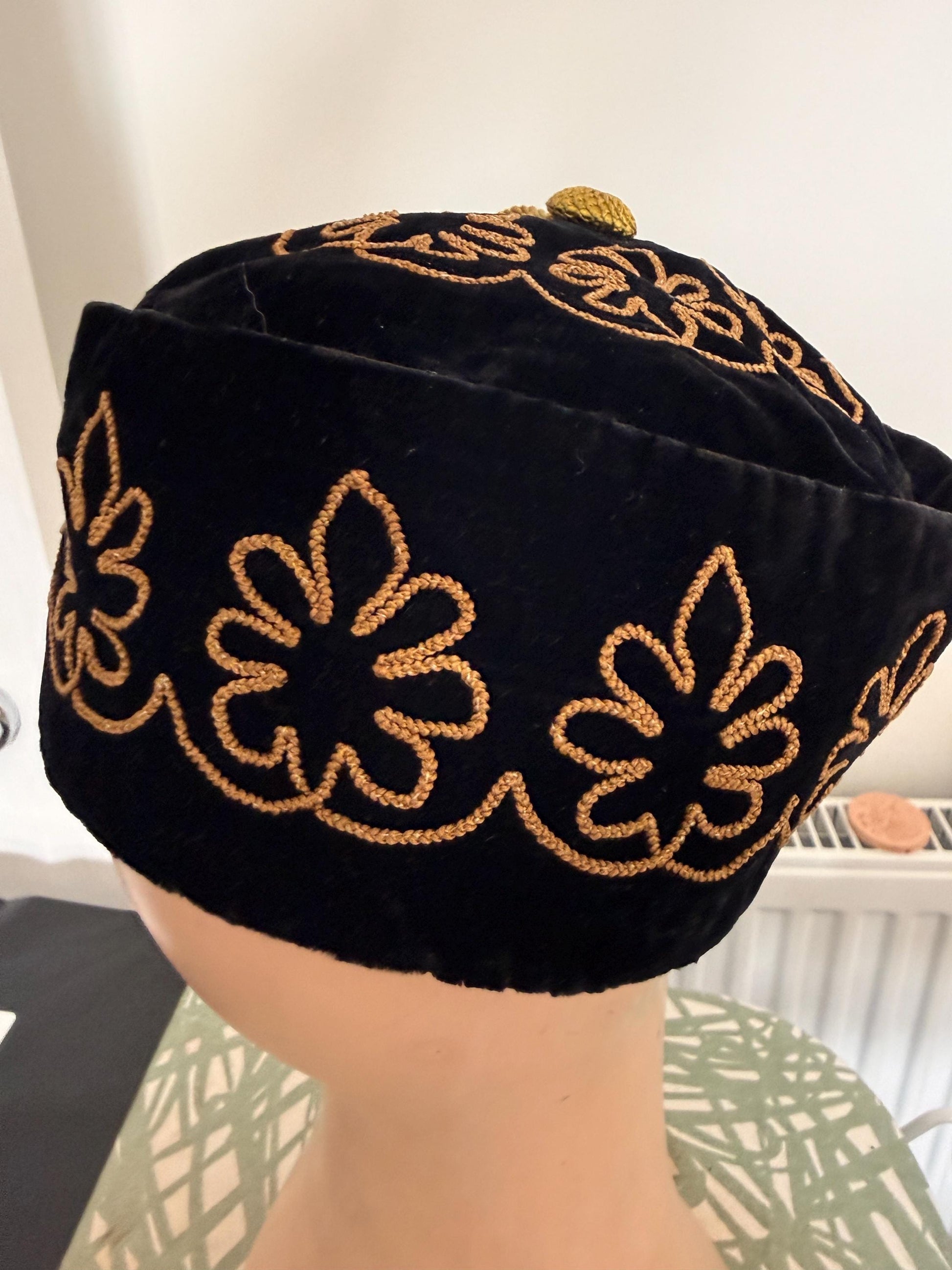 Antique Victorian Edwardian Smoking Cap, Black Velvet Gold Embroidered Mens Tassel Hat, c1890s 1900s