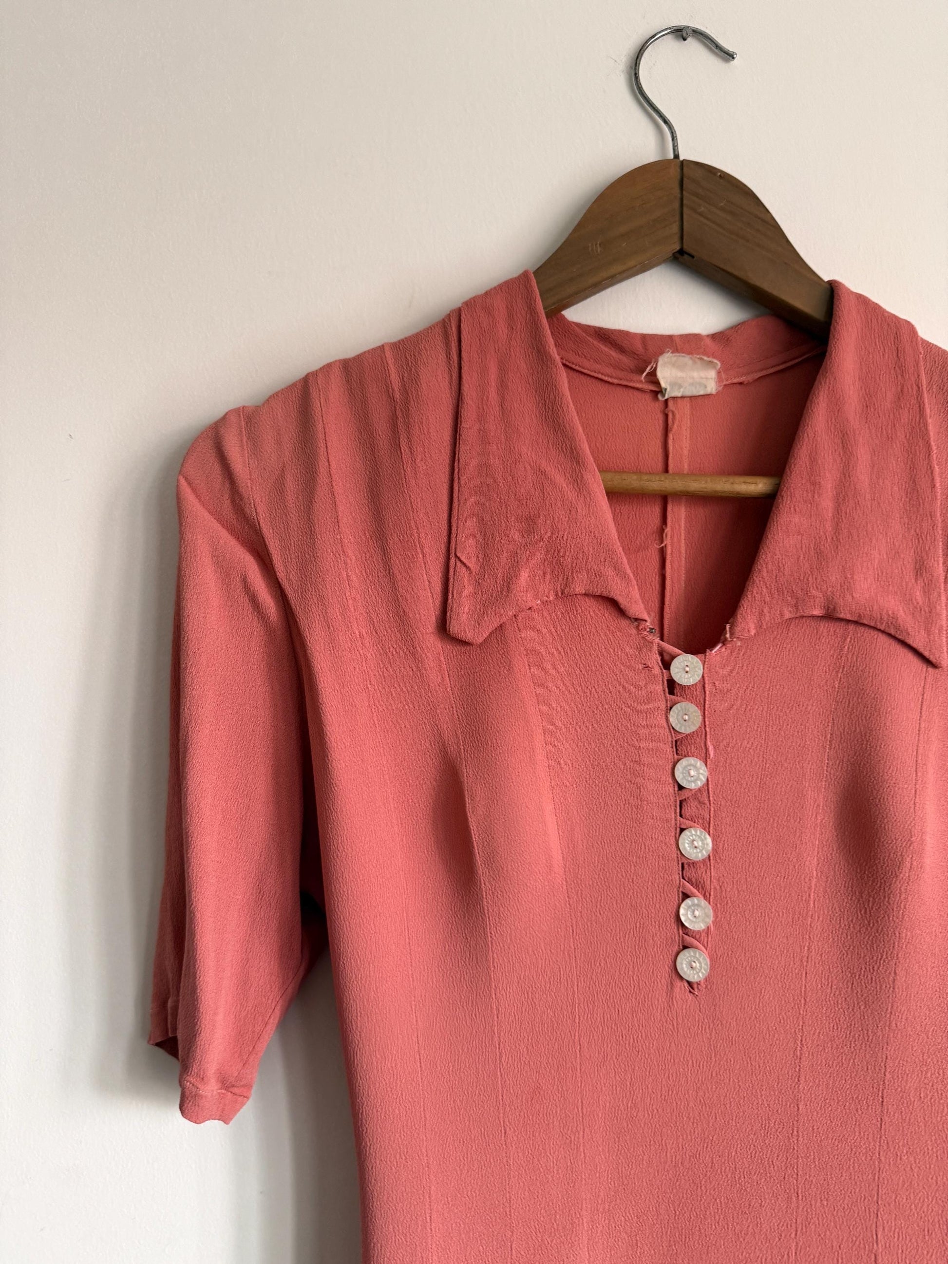 Authentic 1940s Rayon Crepe Day Dress | Vintage Dusty Rose Tea Dress | WWII Era Side Zip Dress | Original 1940s Fashion CC41