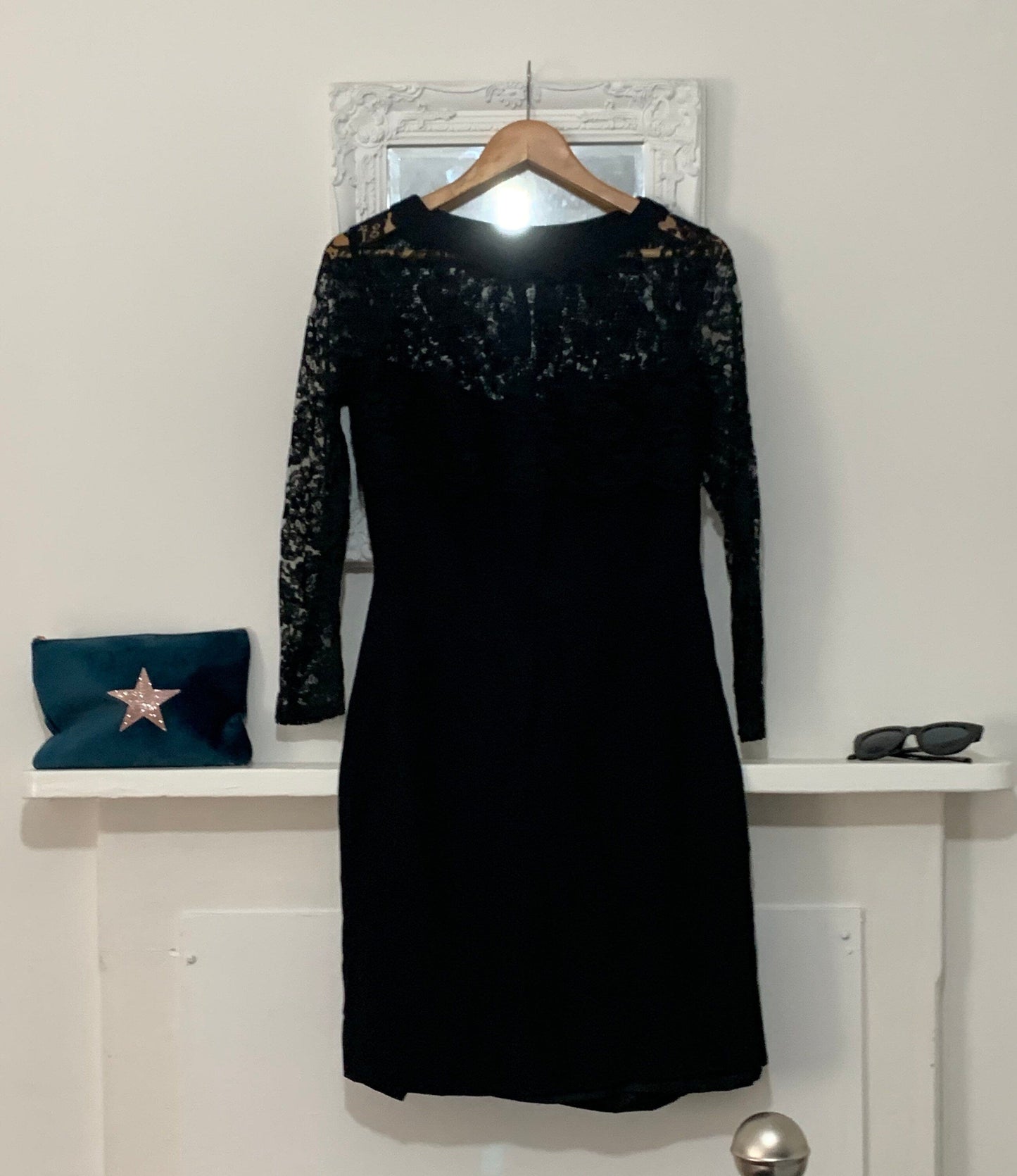 Black Mini Dress - 80s Lace Overlay Black strapless Shift Dress