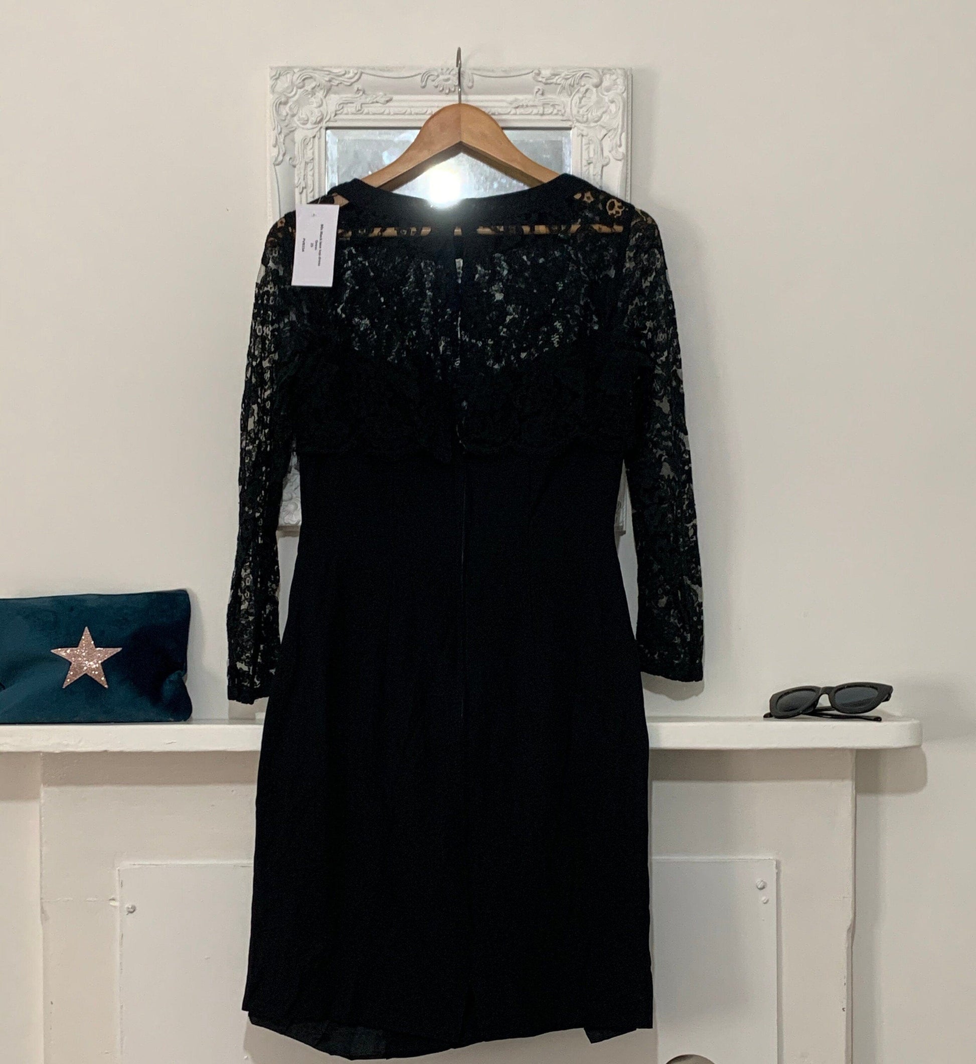 Black Mini Dress - 80s Lace Overlay Black strapless Shift Dress