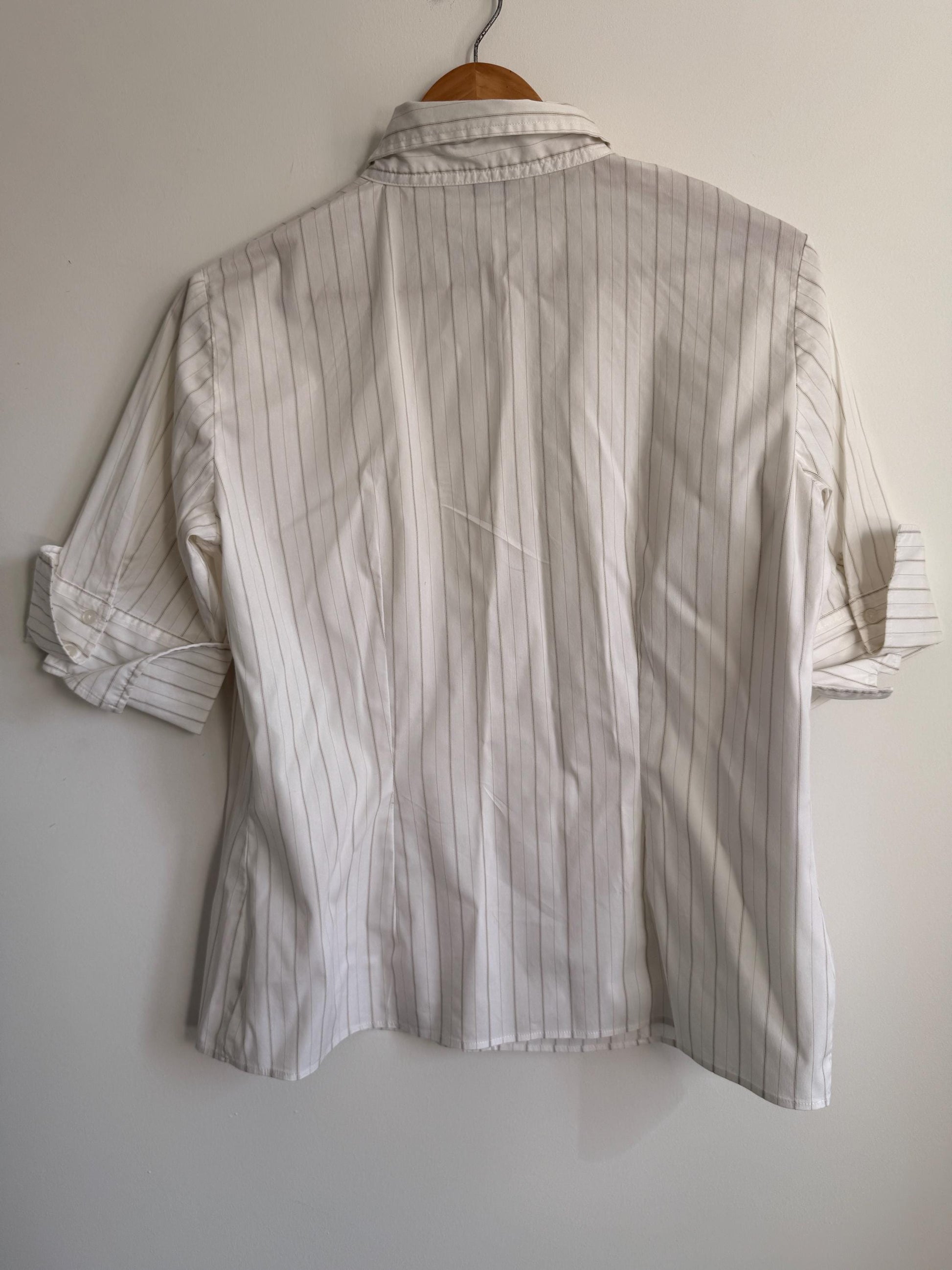 Jan Basic White Pinstripe Blouse Classic Tailored Shirt Smart Office Blouse Minimalist Capsule Wardrobe Short Sleeve Vintage Style UK XL