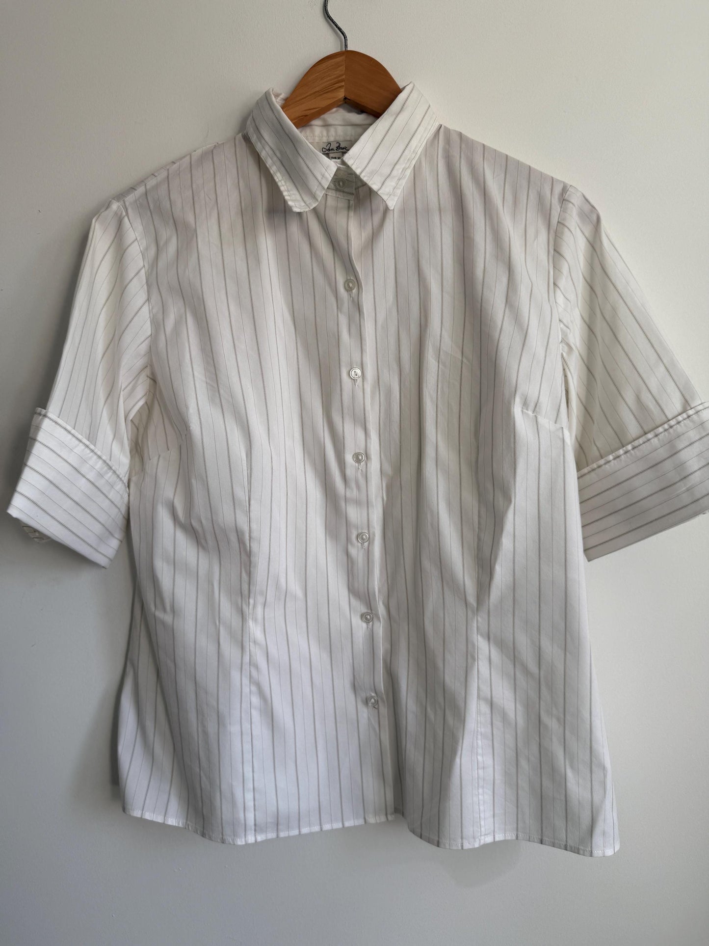 Jan Basic White Pinstripe Blouse Classic Tailored Shirt Smart Office Blouse Minimalist Capsule Wardrobe Short Sleeve Vintage Style UK XL