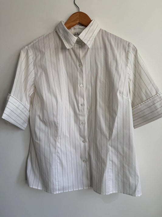 Jan Basic White Pinstripe Blouse Classic Tailored Shirt Smart Office Blouse Minimalist Capsule Wardrobe Short Sleeve Vintage Style UK XL