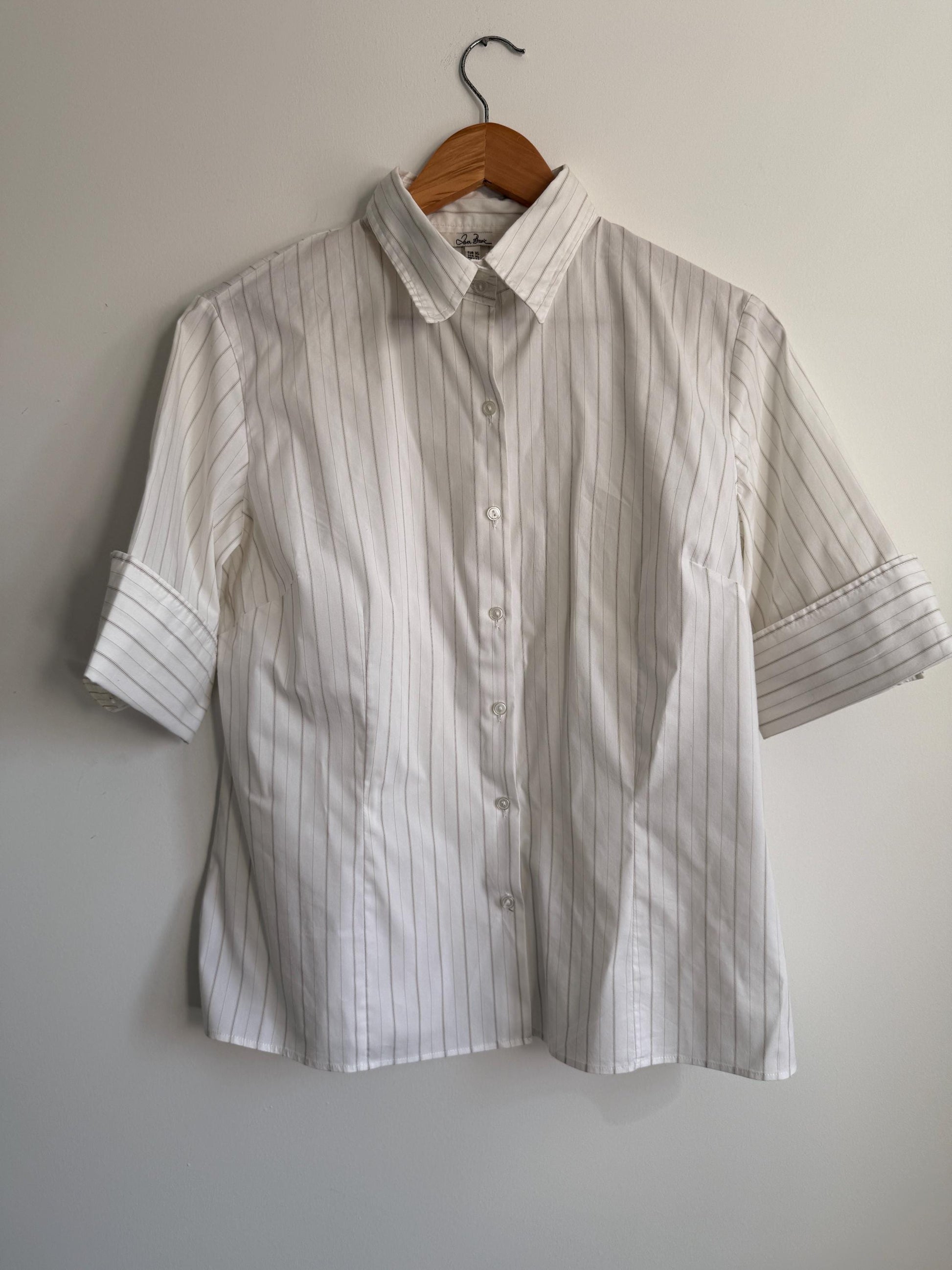 Jan Basic White Pinstripe Blouse Classic Tailored Shirt Smart Office Blouse Minimalist Capsule Wardrobe Short Sleeve Vintage Style UK XL