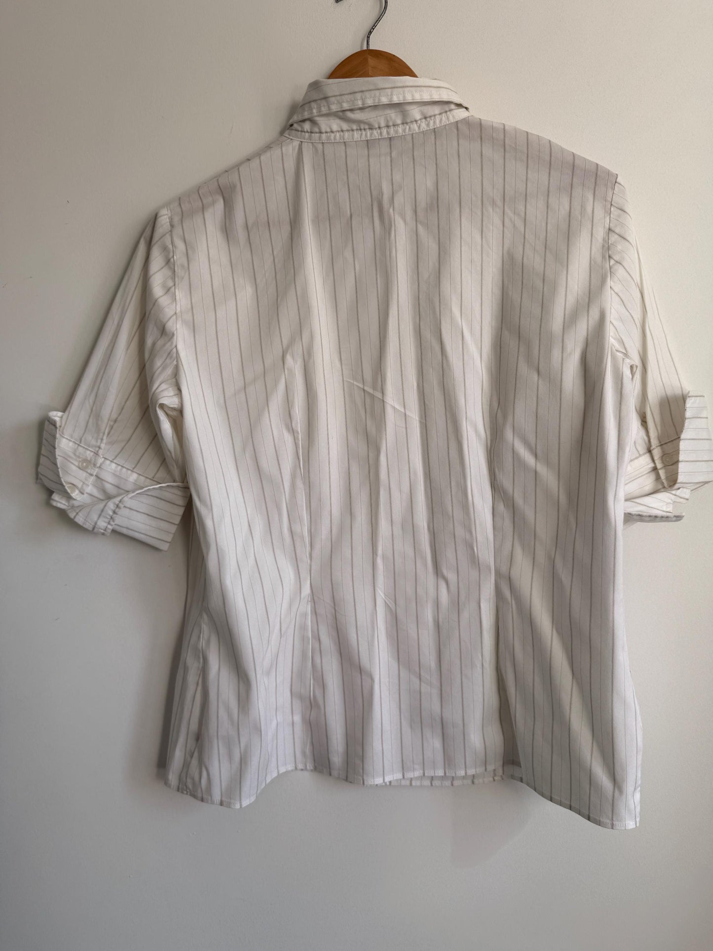 Jan Basic White Pinstripe Blouse Classic Tailored Shirt Smart Office Blouse Minimalist Capsule Wardrobe Short Sleeve Vintage Style UK XL