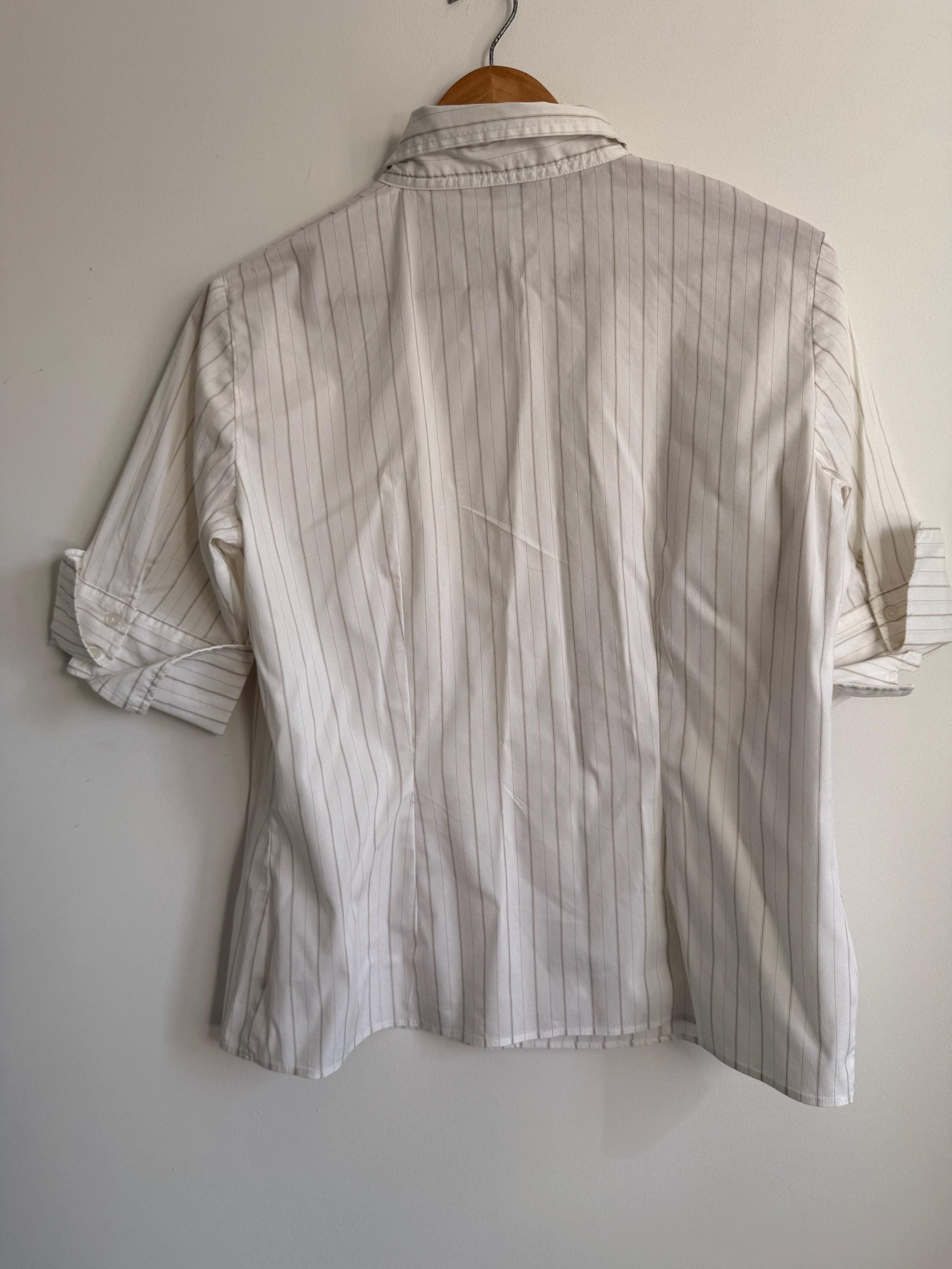 Jan Basic White Pinstripe Blouse Classic Tailored Shirt Smart Office Blouse Minimalist Capsule Wardrobe Short Sleeve Vintage Style UK XL