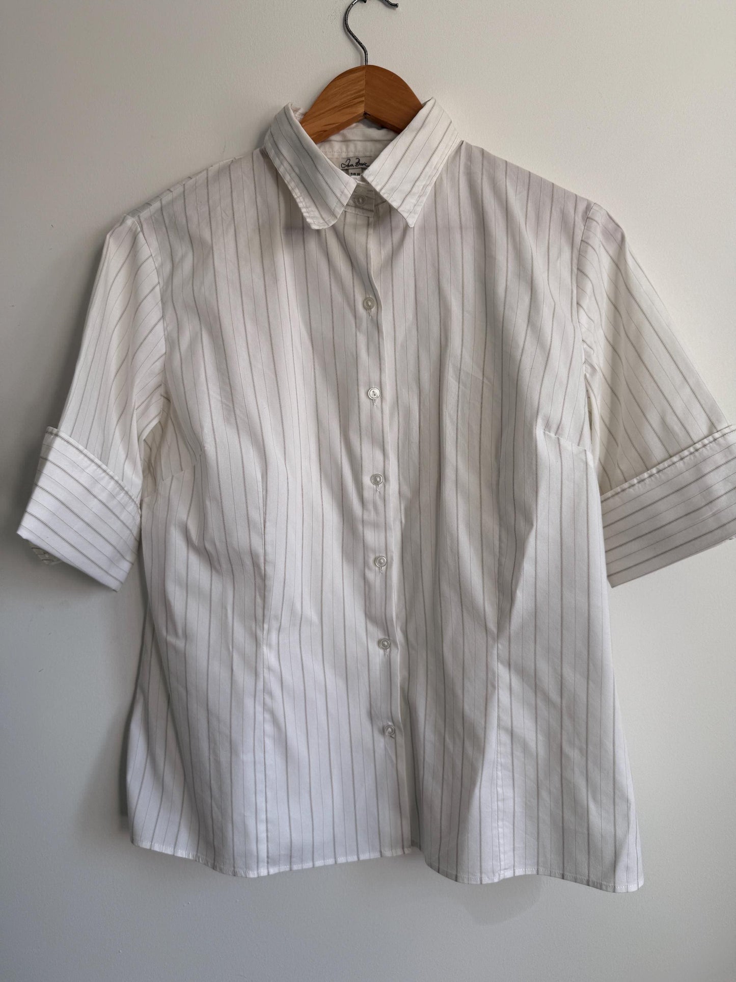 Jan Basic White Pinstripe Blouse Classic Tailored Shirt Smart Office Blouse Minimalist Capsule Wardrobe Short Sleeve Vintage Style UK XL