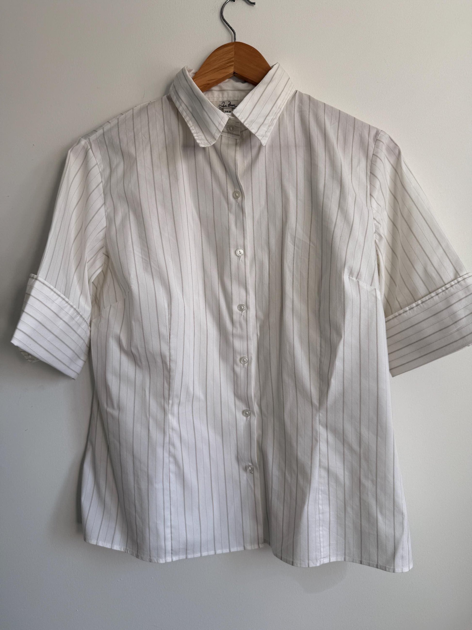 Jan Basic White Pinstripe Blouse Classic Tailored Shirt Smart Office Blouse Minimalist Capsule Wardrobe Short Sleeve Vintage Style UK XL