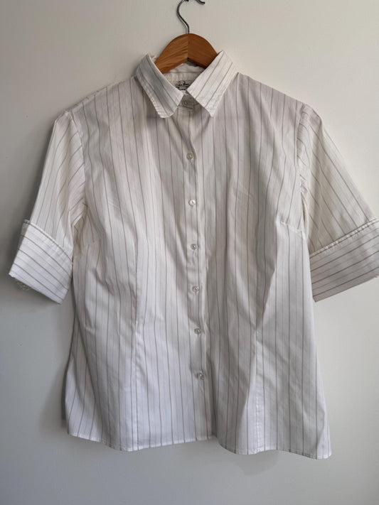 Jan Basic White Pinstripe Blouse Classic Tailored Shirt Smart Office Blouse Minimalist Capsule Wardrobe Short Sleeve Vintage Style UK XL