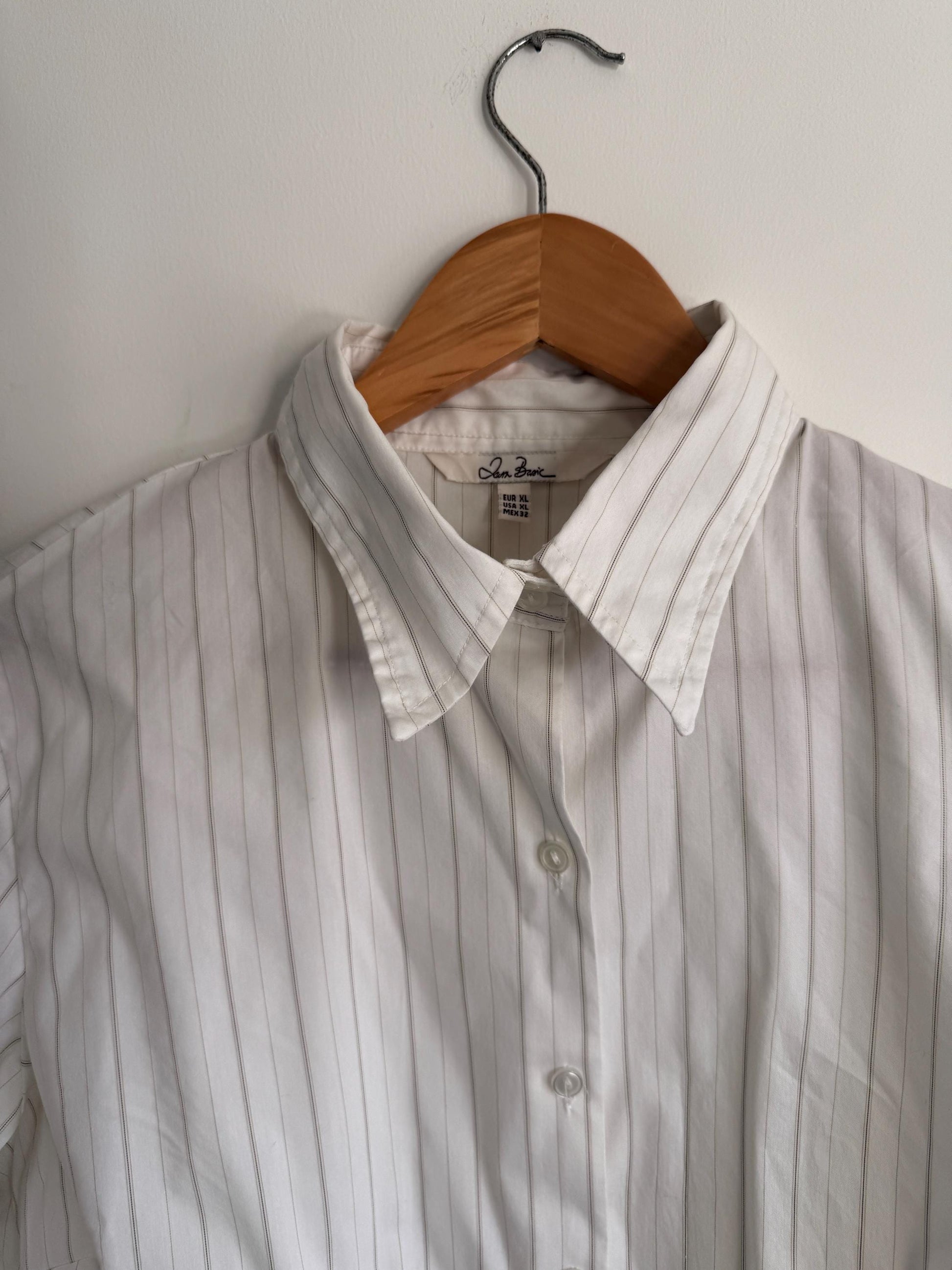 Jan Basic White Pinstripe Blouse Classic Tailored Shirt Smart Office Blouse Minimalist Capsule Wardrobe Short Sleeve Vintage Style UK XL