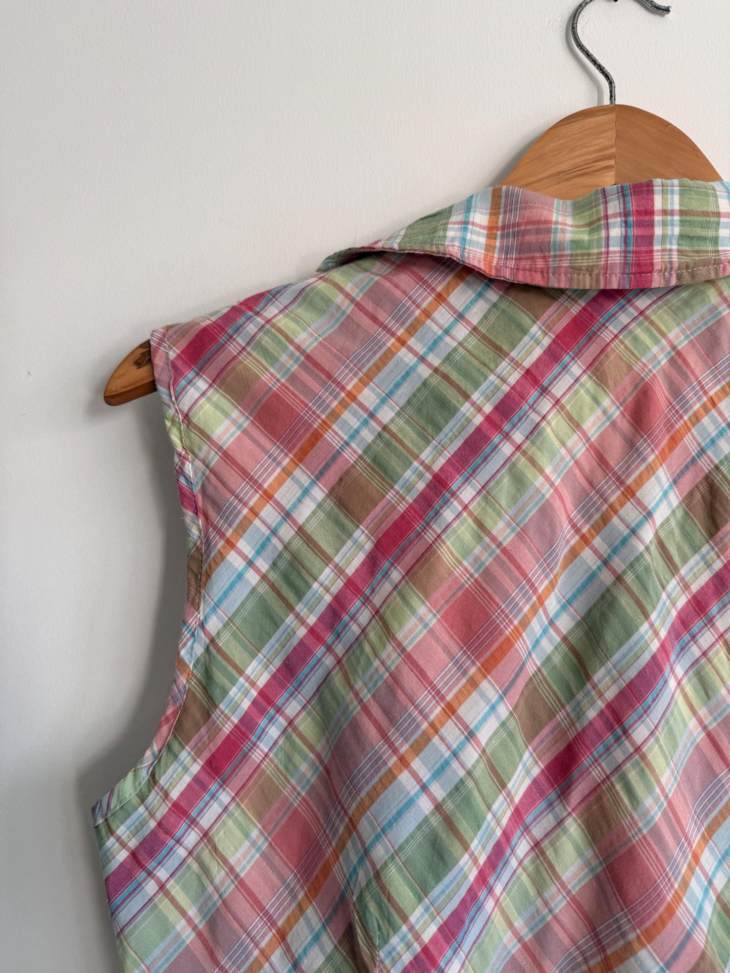 Pastel Check Blouse Ruffle Front Sleeveless Cotton Blouse Pink Green Plaid Summer Cottagecore Vintage Style Size 14