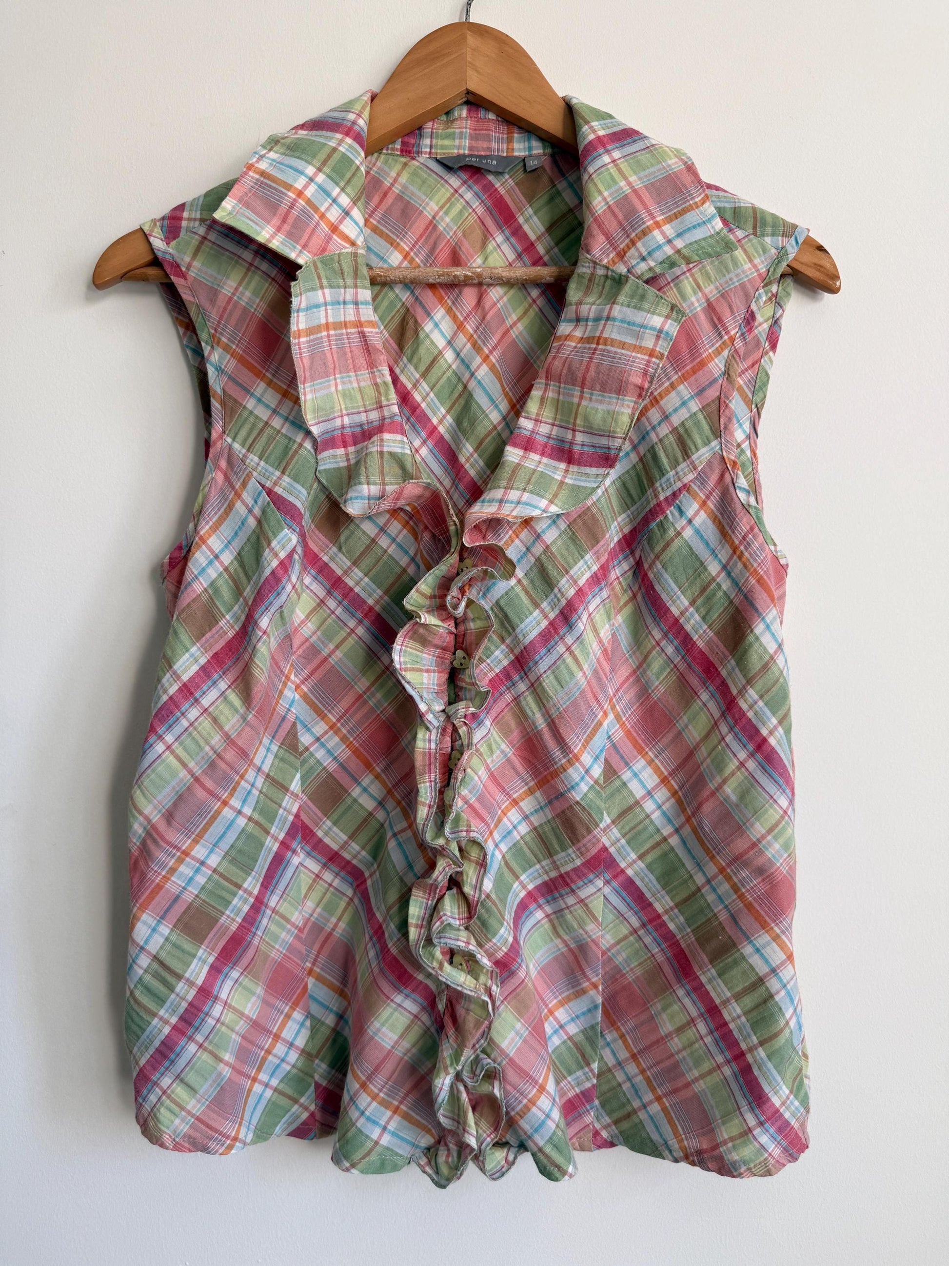 Pastel Check Blouse Ruffle Front Sleeveless Cotton Blouse Pink Green Plaid Summer Cottagecore Vintage Style Size 14