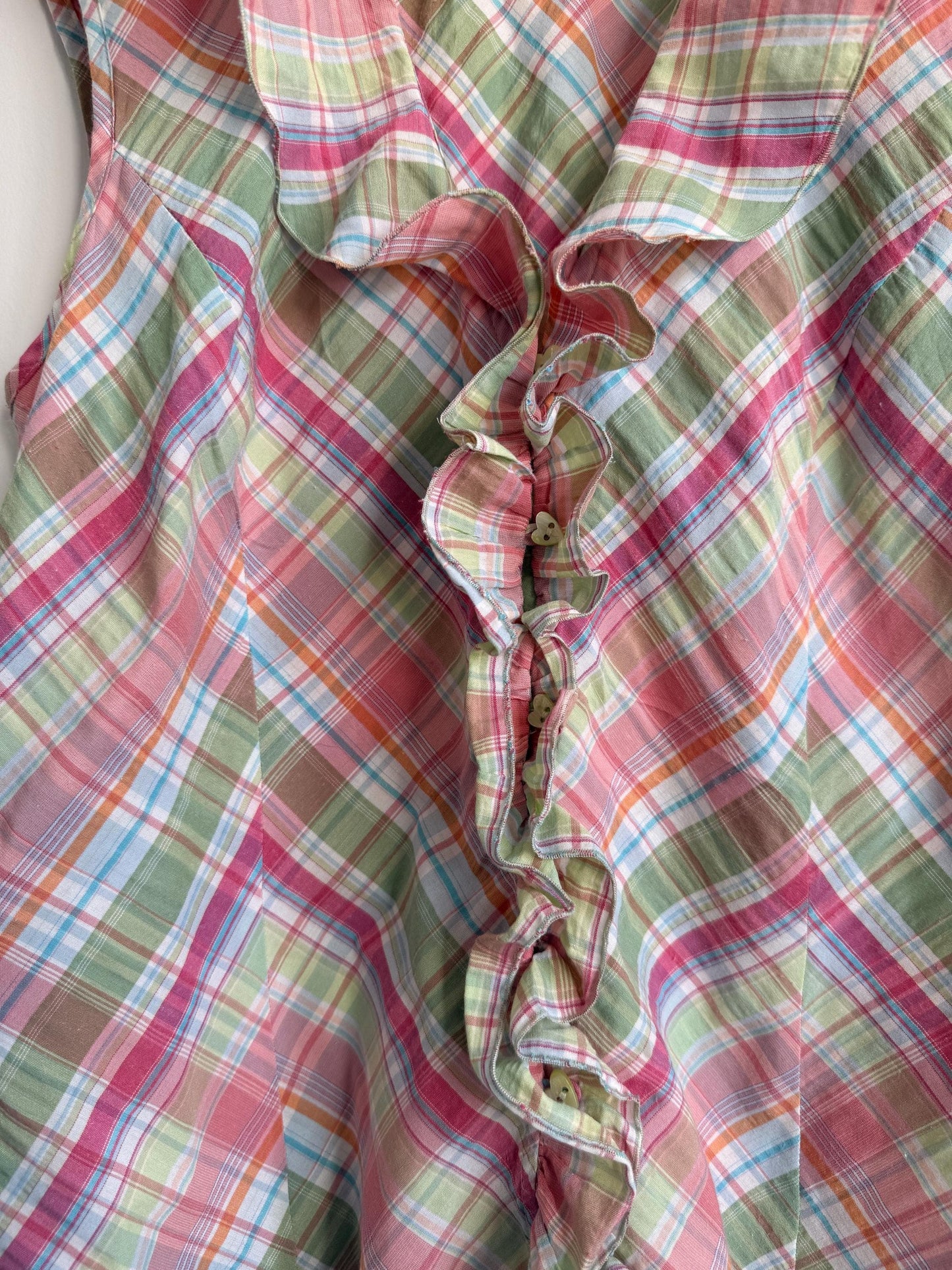 Pastel Check Blouse Ruffle Front Sleeveless Cotton Blouse Pink Green Plaid Summer Cottagecore Vintage Style Size 14