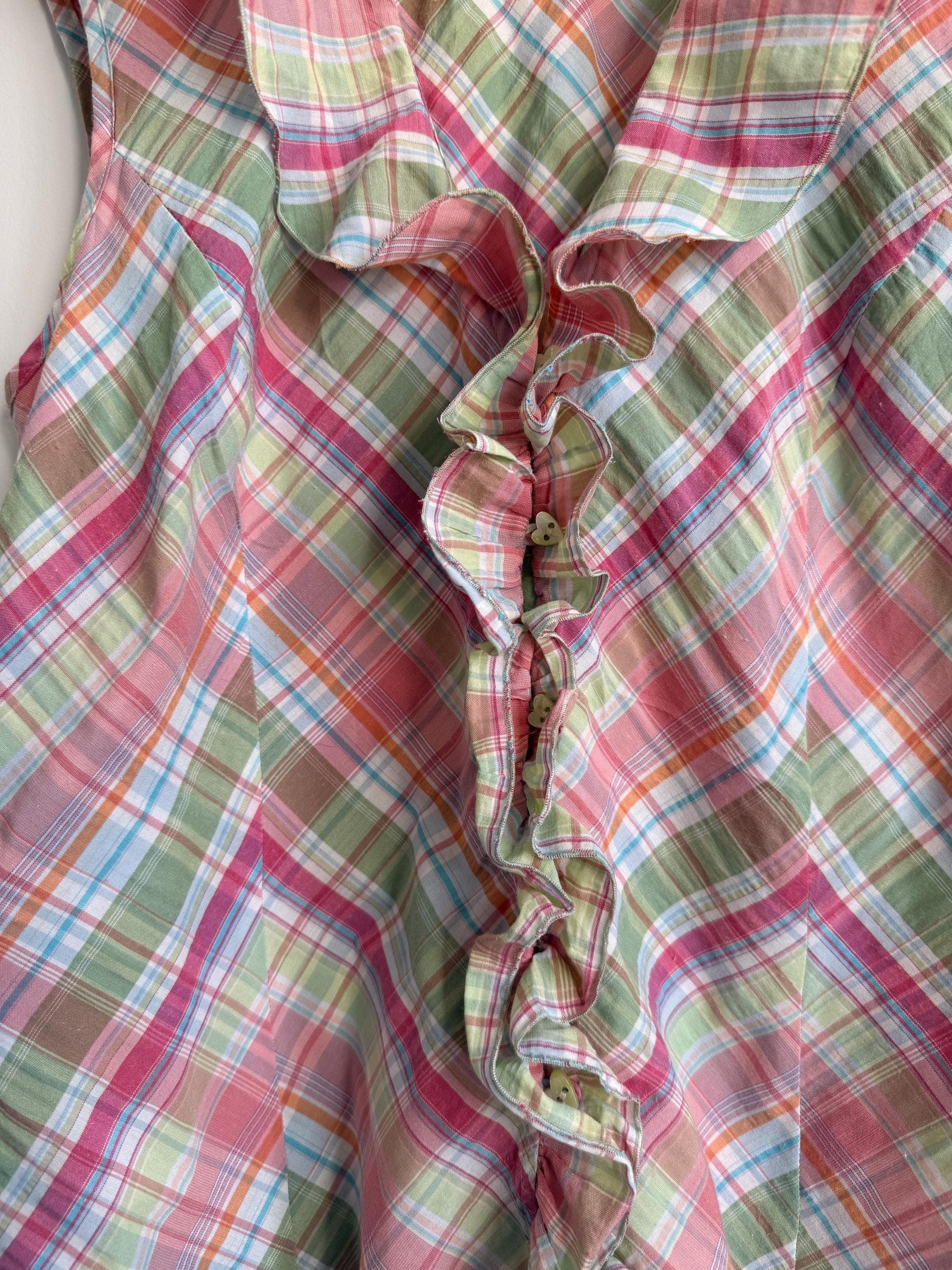 Pastel Check Blouse Ruffle Front Sleeveless Cotton Blouse Pink Green Plaid Summer Cottagecore Vintage Style Size 14