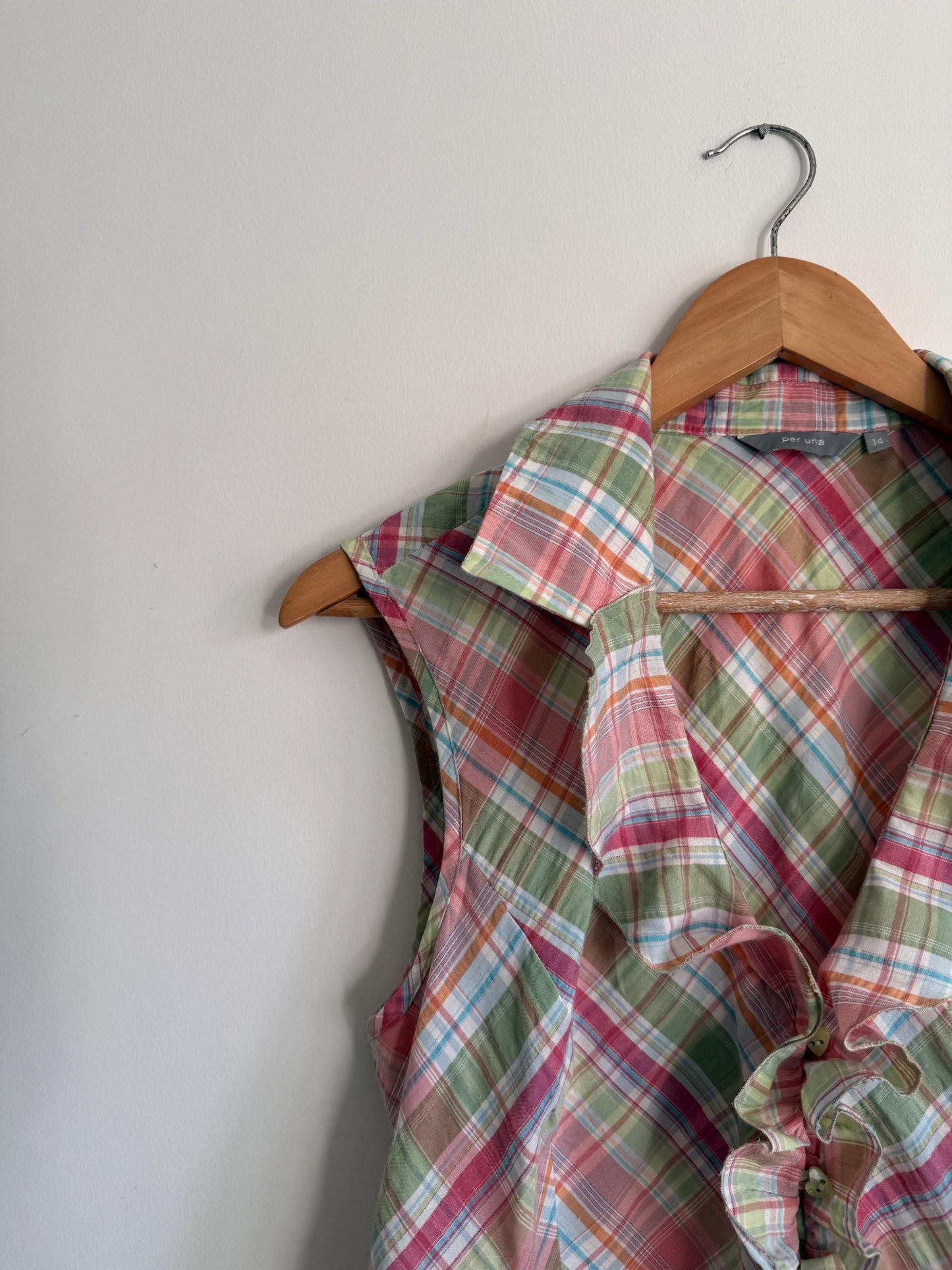 Pastel Check Blouse Ruffle Front Sleeveless Cotton Blouse Pink Green Plaid Summer Cottagecore Vintage Style Size 14