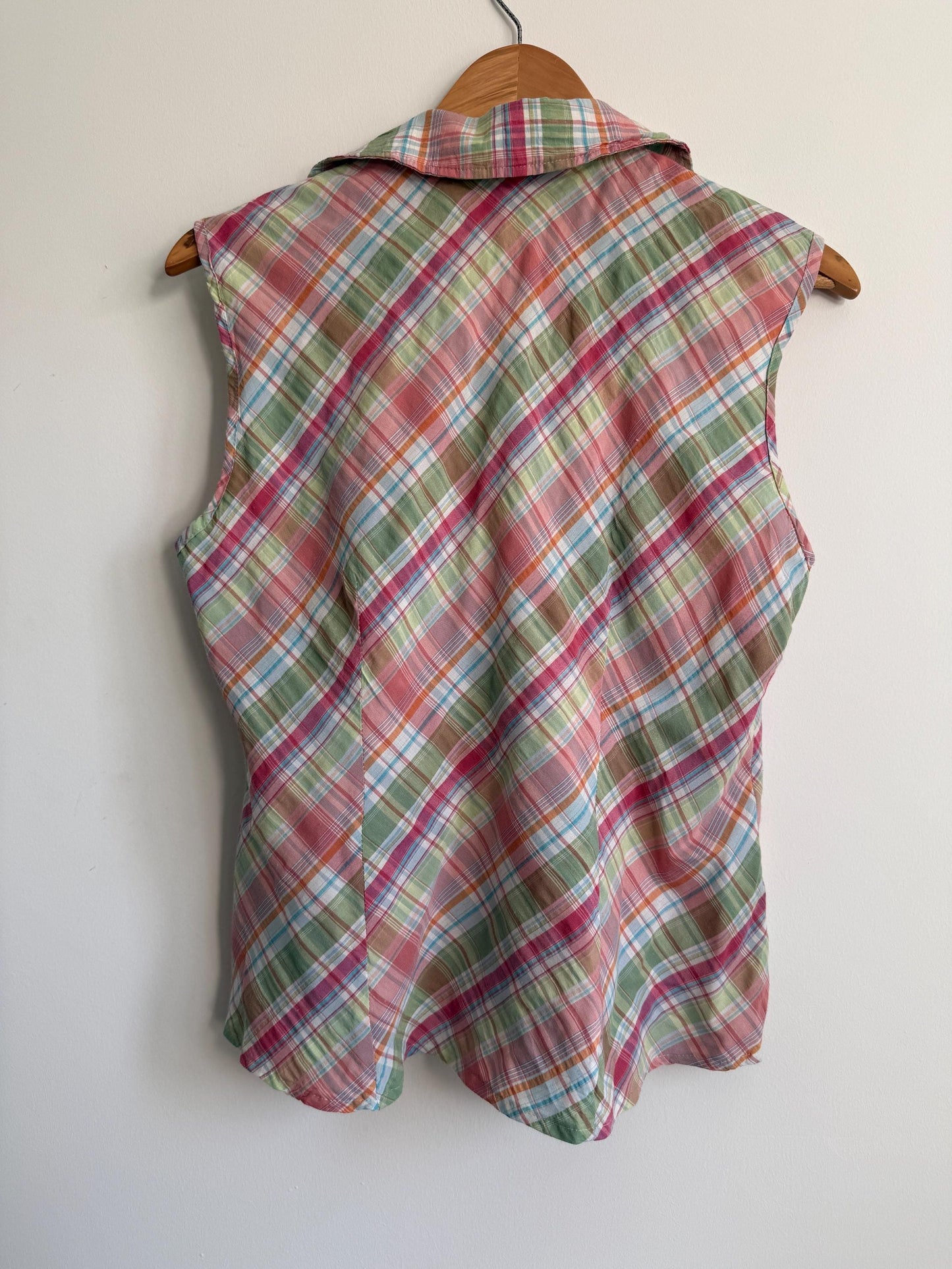 Pastel Check Blouse Ruffle Front Sleeveless Cotton Blouse Pink Green Plaid Summer Cottagecore Vintage Style Size 14