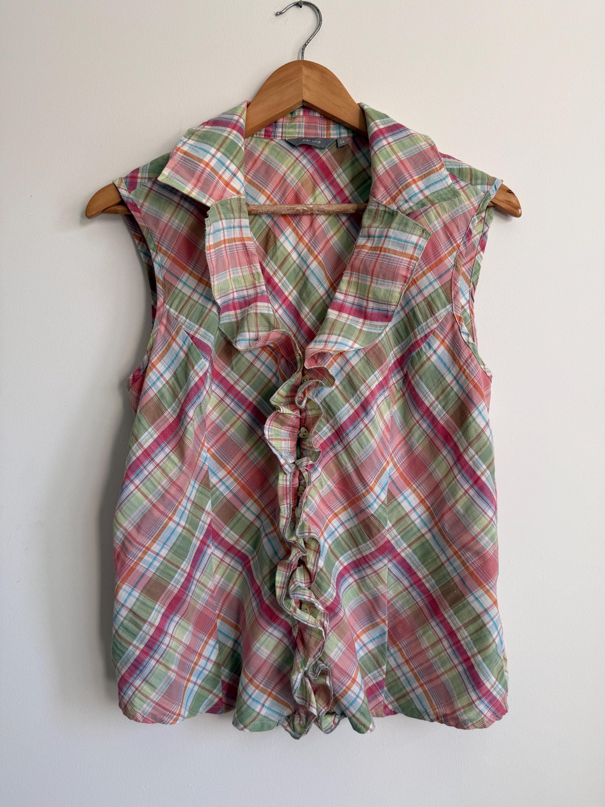 Pastel Check Blouse Ruffle Front Sleeveless Cotton Blouse Pink Green Plaid Summer Cottagecore Vintage Style Size 14