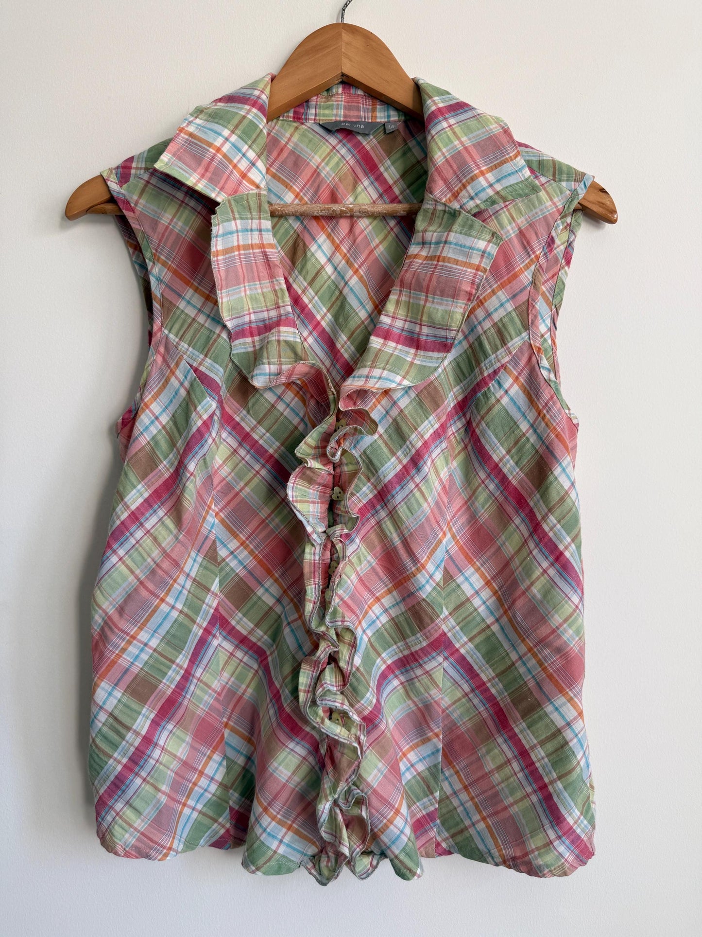 Pastel Check Blouse Ruffle Front Sleeveless Cotton Blouse Pink Green Plaid Summer Cottagecore Vintage Style Size 14