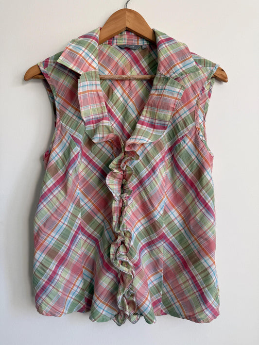 Pastel Check Blouse Ruffle Front Sleeveless Cotton Blouse Pink Green Plaid Summer Cottagecore Vintage Style Size 14