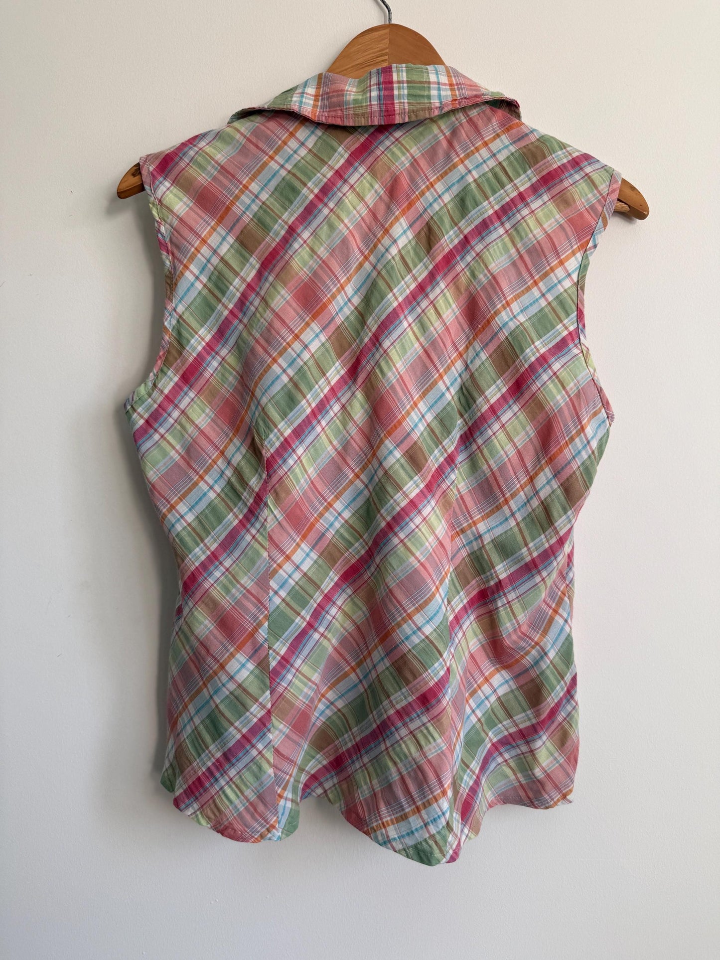 Pastel Check Blouse Ruffle Front Sleeveless Cotton Blouse Pink Green Plaid Summer Cottagecore Vintage Style Size 14