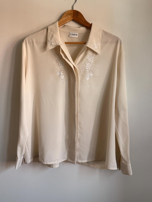 Vintage Eastex Cream Embroidered Blouse | Ivory Floral Pintuck Shirt